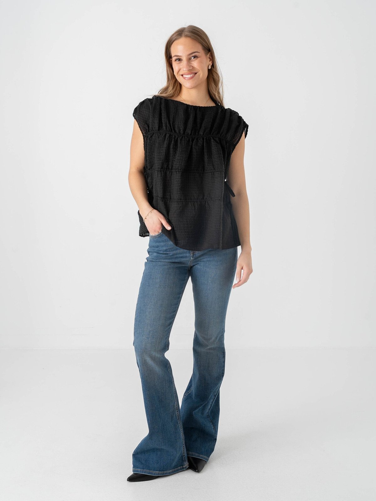 Topshop Ena Short Sleeve Tie Top Black