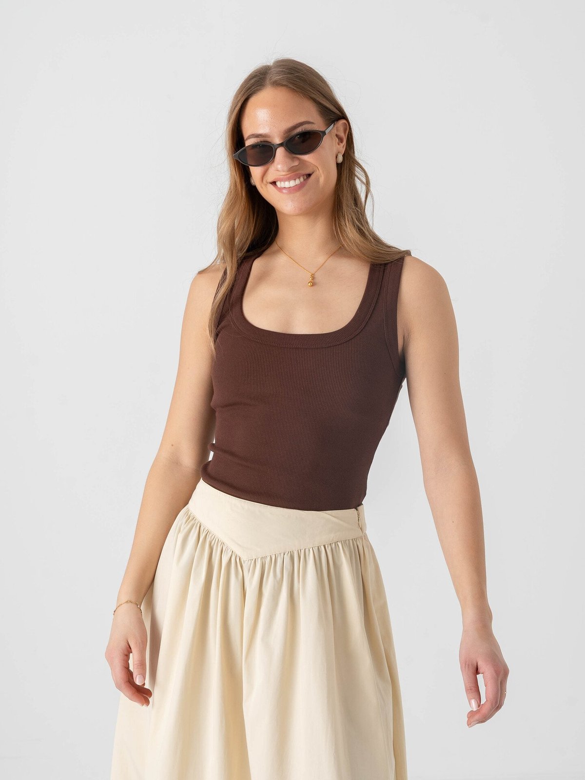 Topshop Honey Short Sleeve U-Neck Vest Chocolate Brown