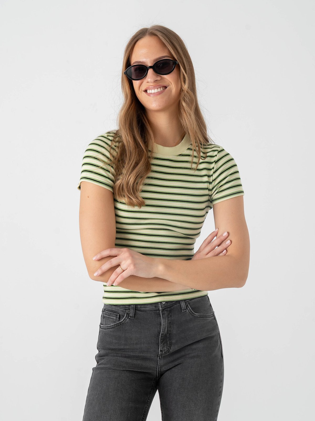 Topshop Sally Short Sleeve Stripe Rib Short Tee Bright Green