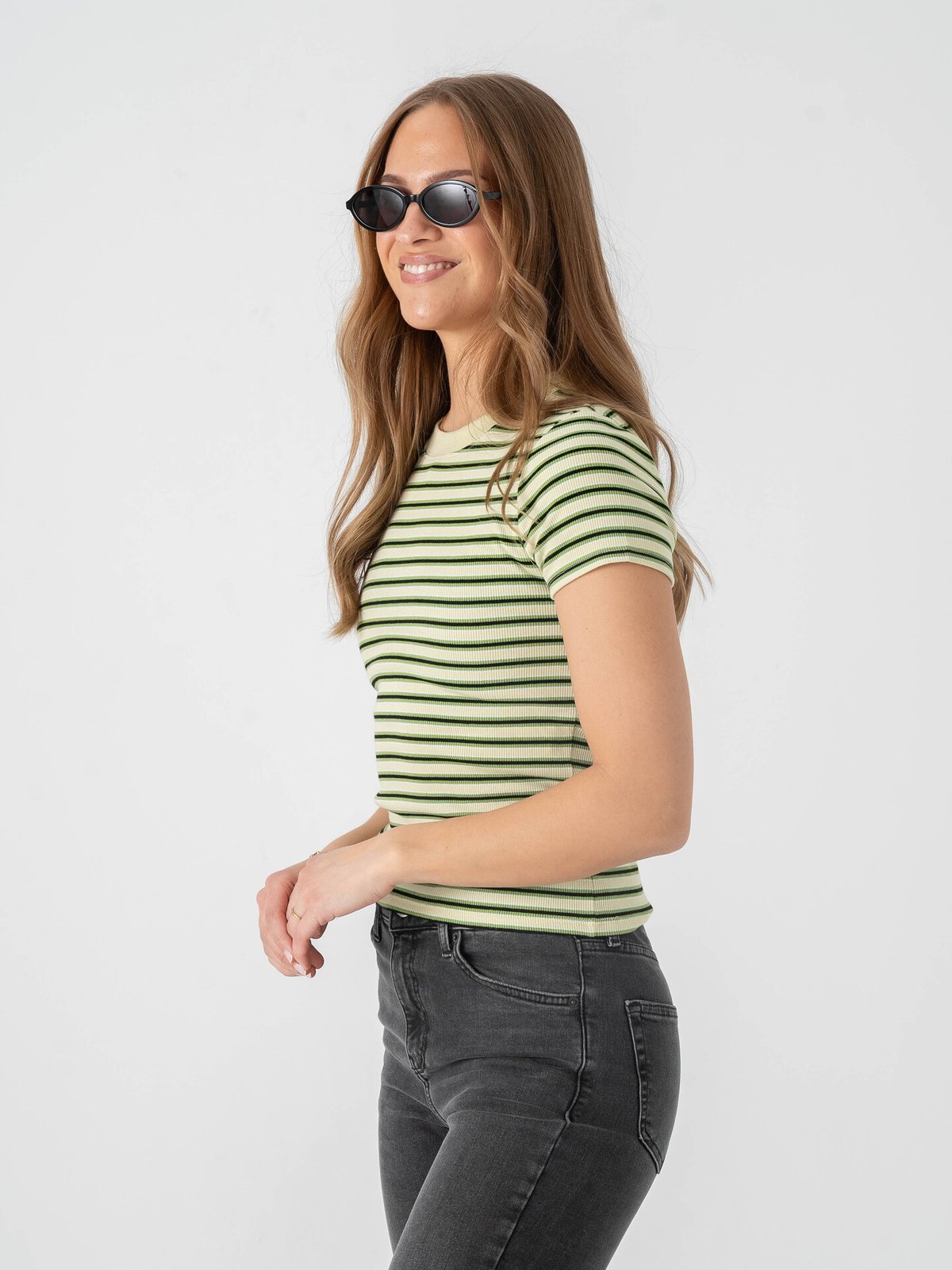 Topshop Sally Short Sleeve Stripe Rib Short Tee Bright Green