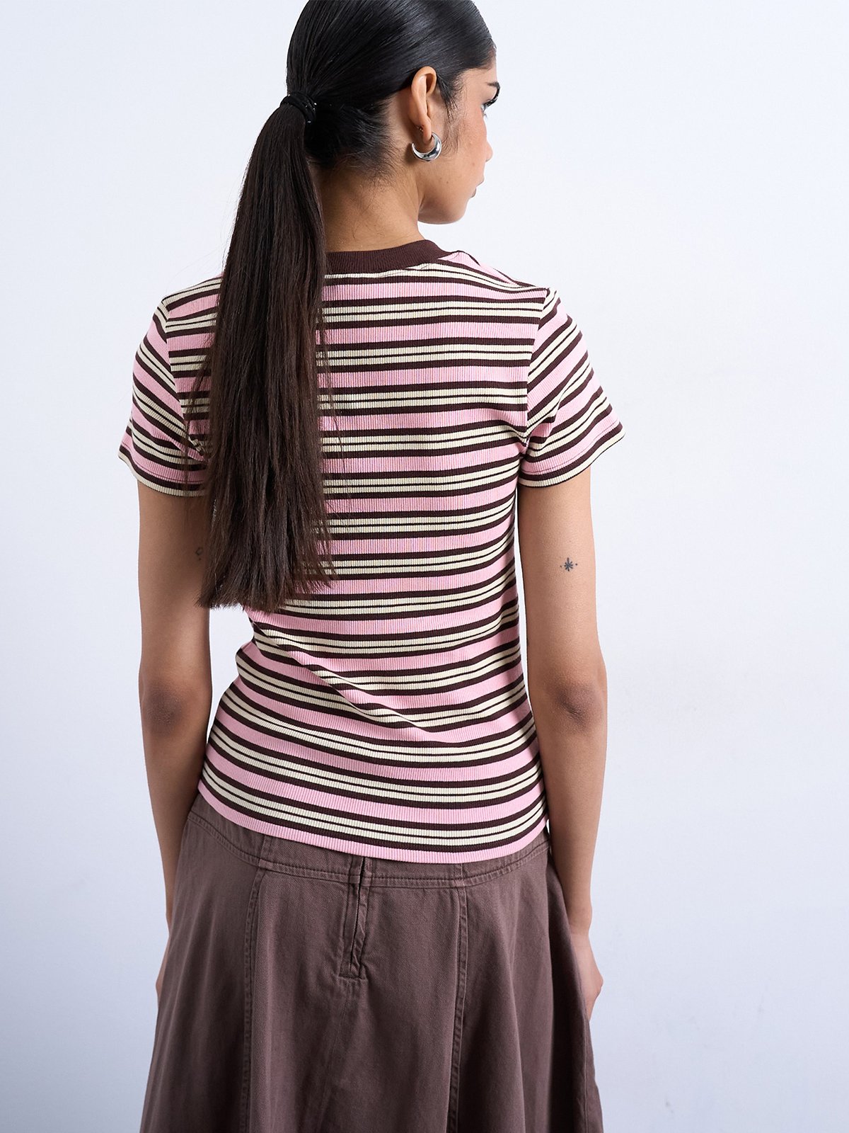 Topshop Sally Short Sleeve Stripe Rib Short Tee Pink Cosmos