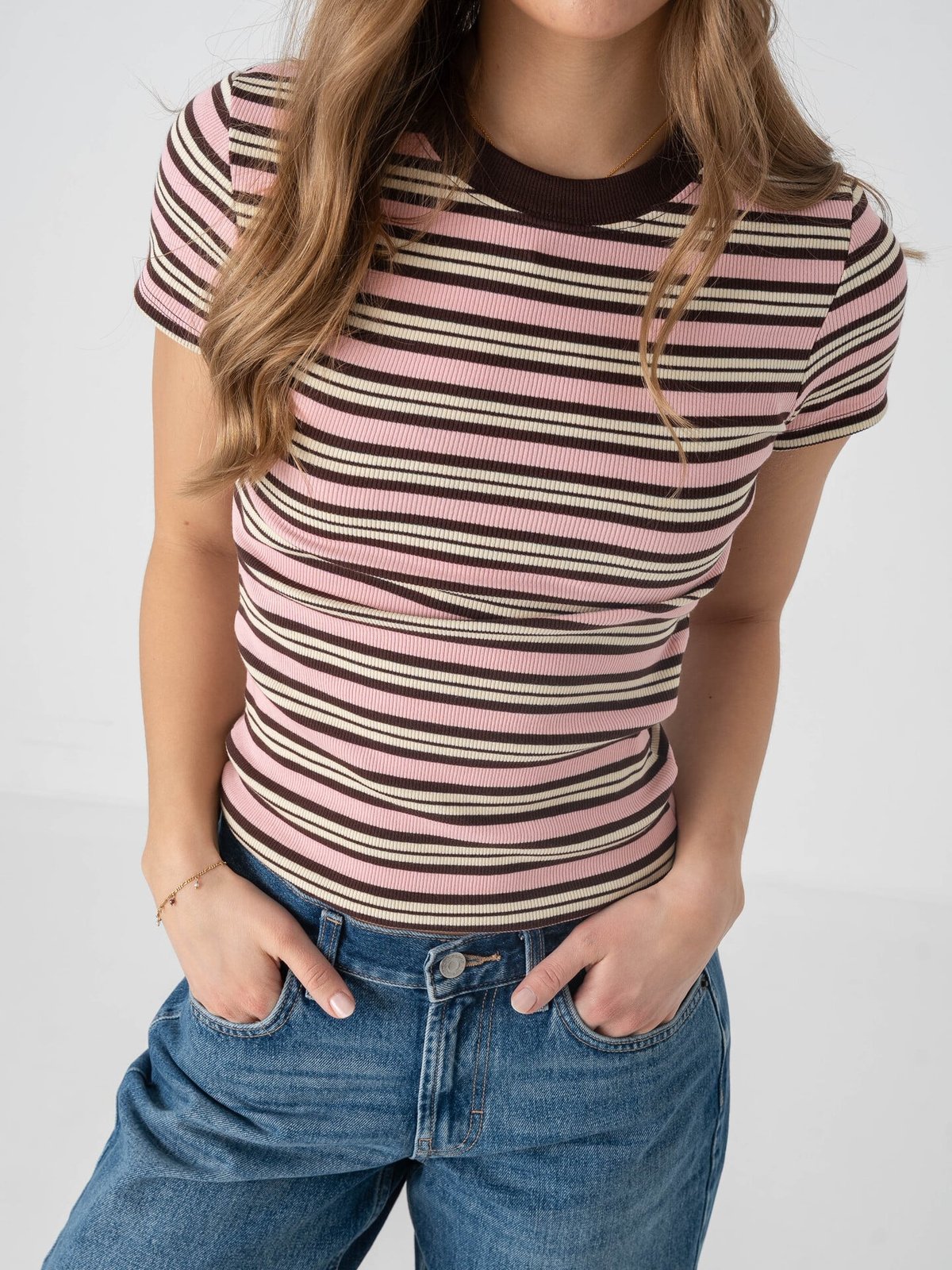 Topshop Sally Short Sleeve Stripe Rib Short Tee Pink Cosmos