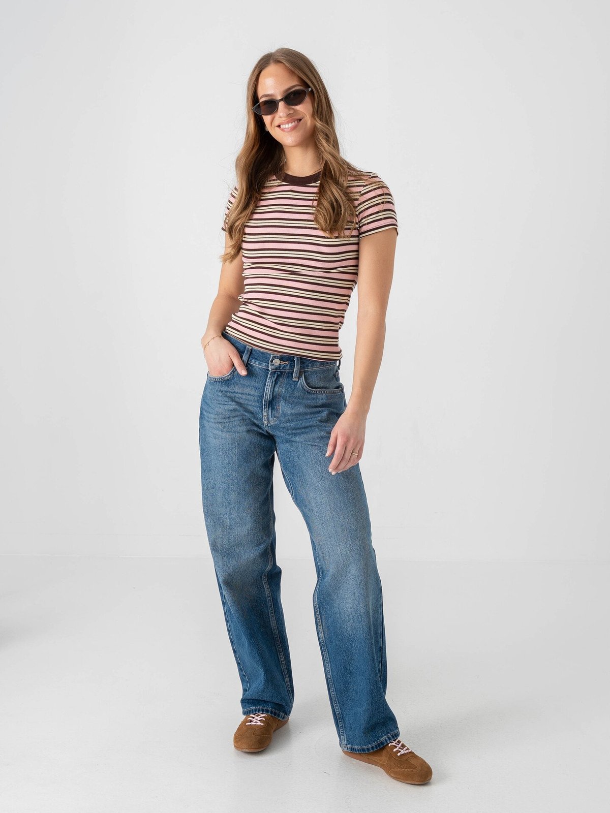 Topshop Sally Short Sleeve Stripe Rib Short Tee Pink Cosmos