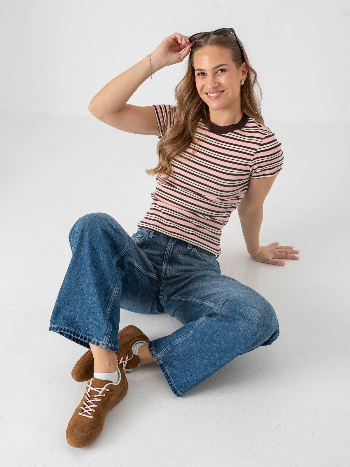 Topshop Sally Short Sleeve Stripe Rib Short Tee Pink Cosmos
