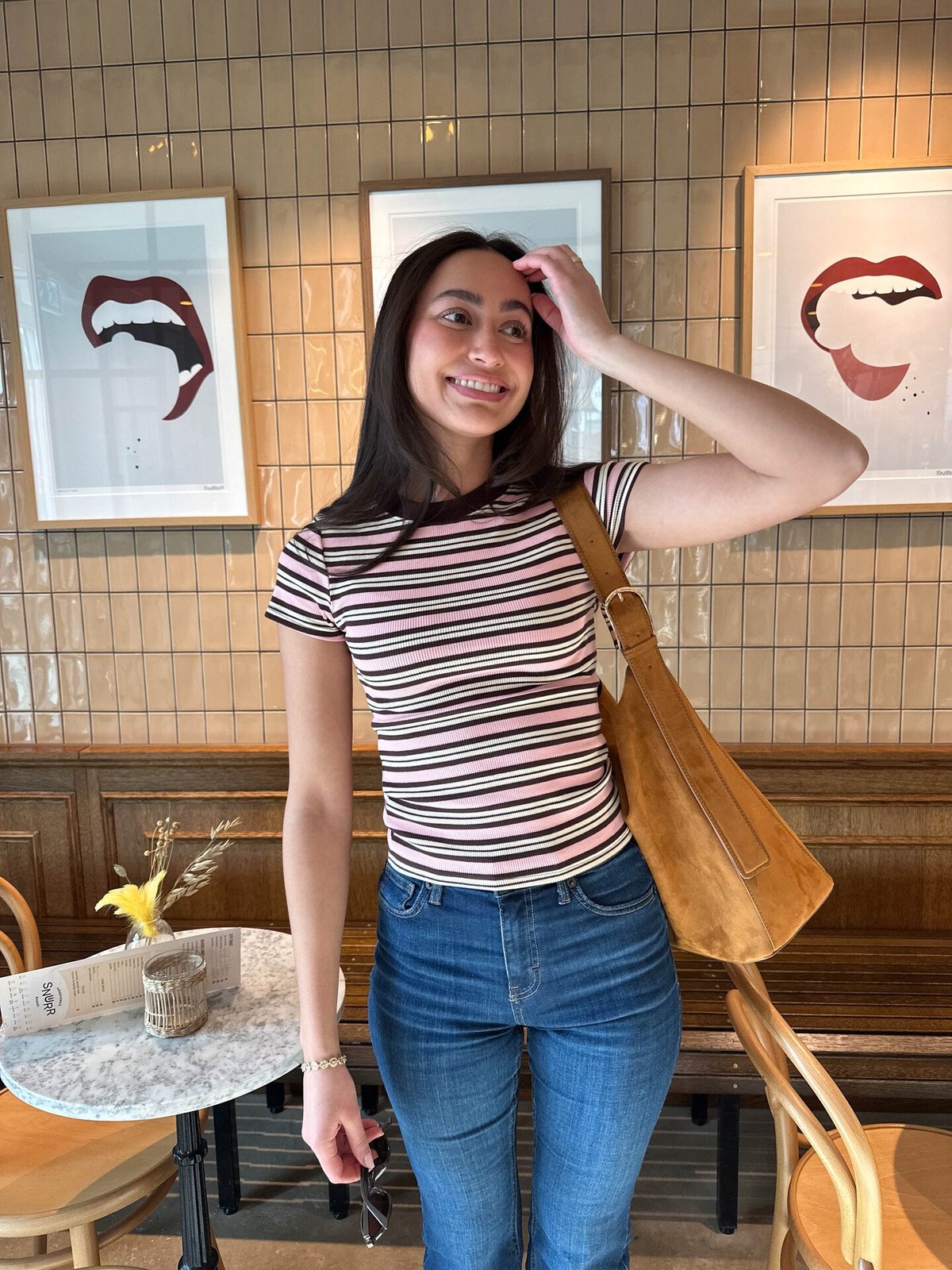 Topshop Sally Short Sleeve Stripe Rib Short Tee Pink Cosmos