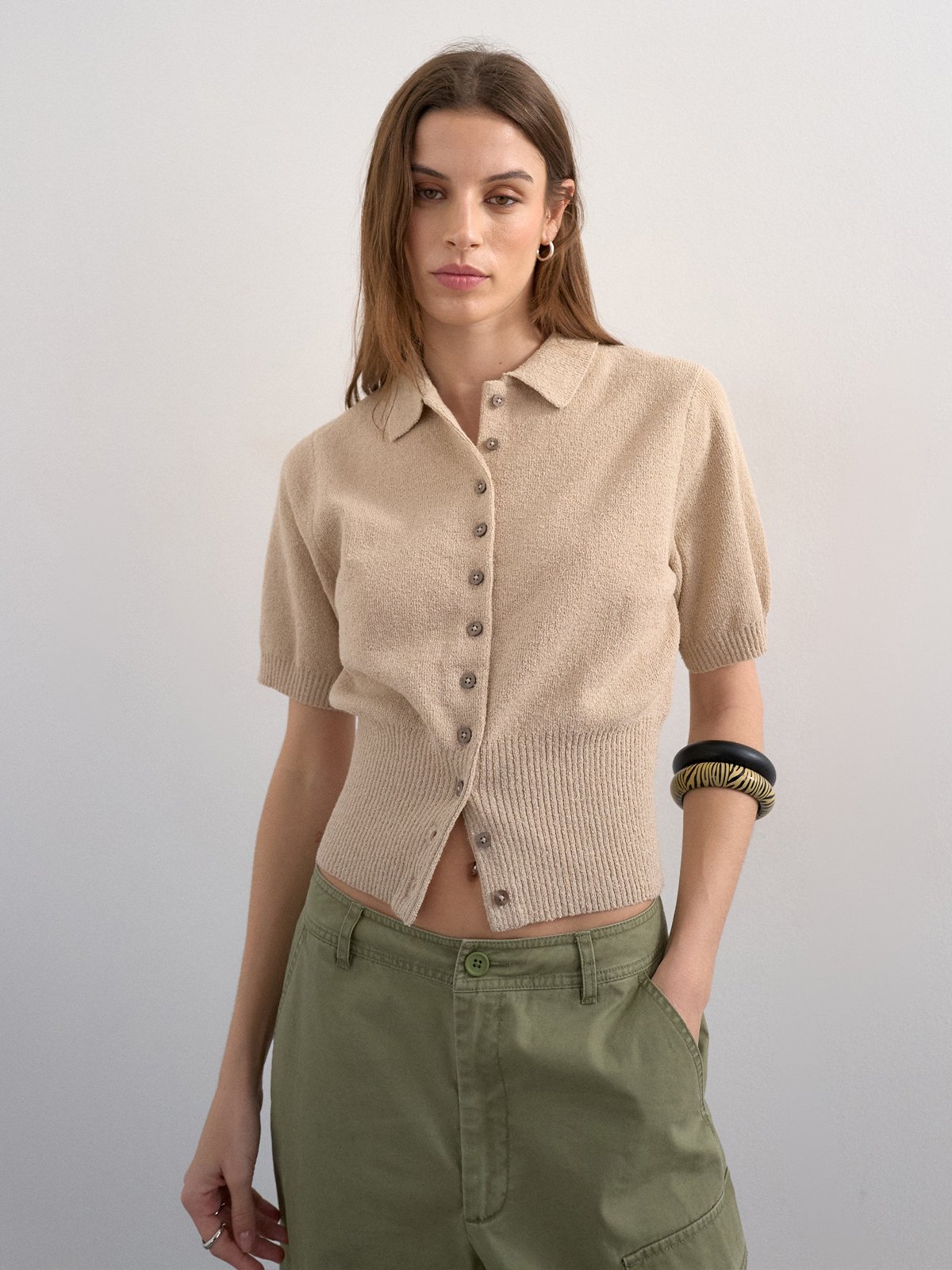Topshop Kylie Short Sleeve Cinch Waist Polo Pullover Oatmeal