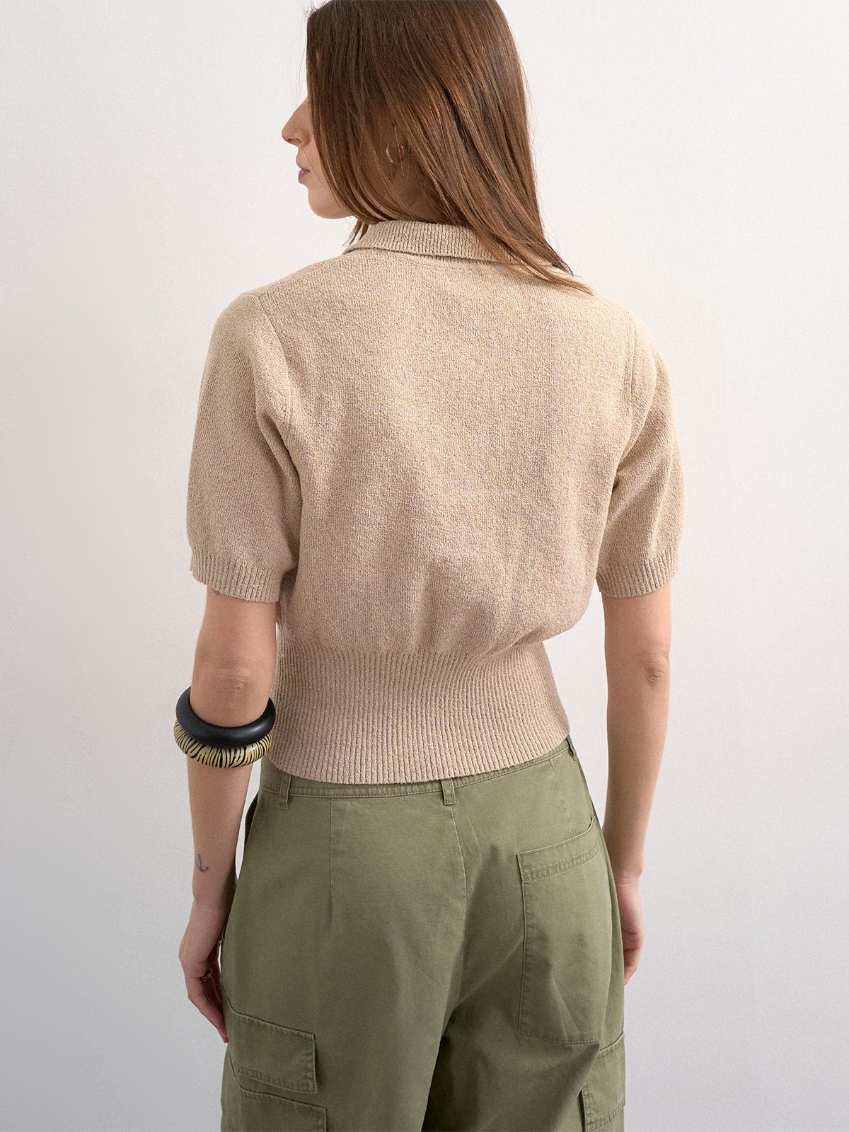 Topshop Kylie Short Sleeve Cinch Waist Polo Pullover Oatmeal