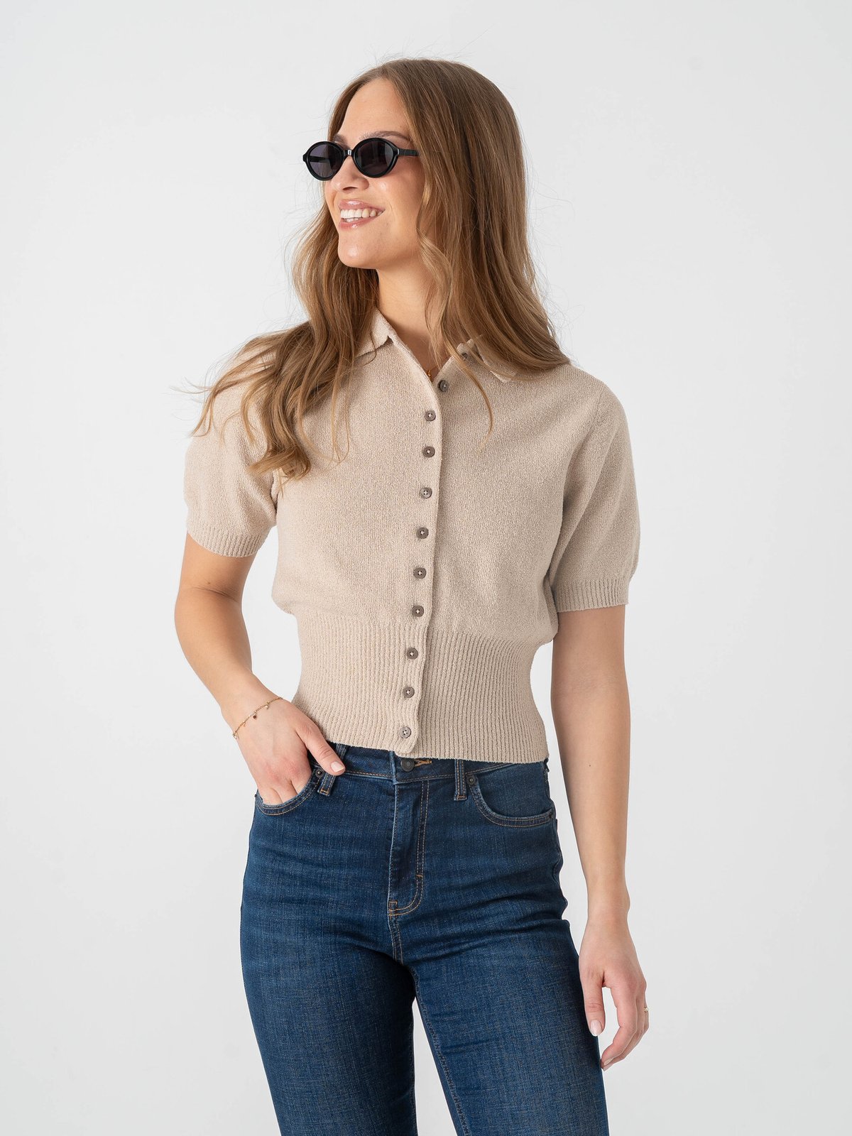 Topshop Kylie Short Sleeve Cinch Waist Polo Pullover Oatmeal