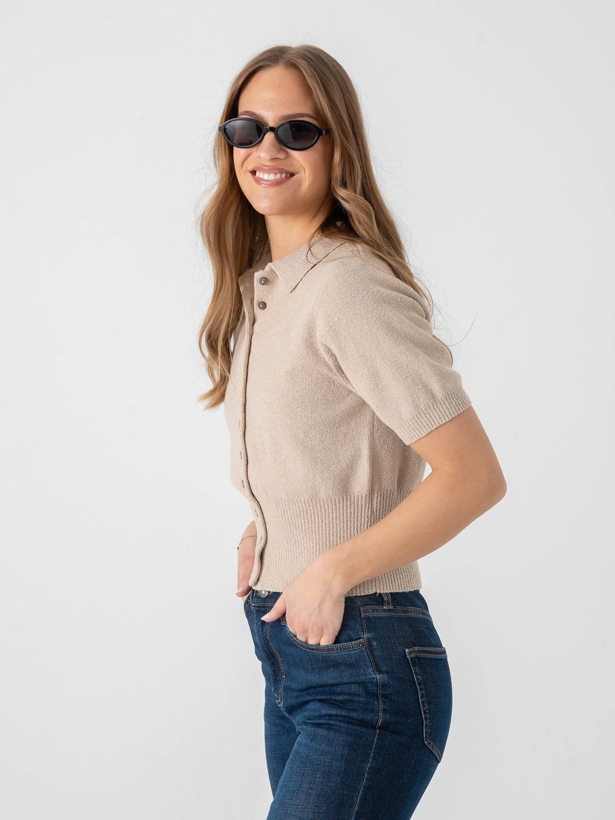 Topshop Kylie Short Sleeve Cinch Waist Polo Pullover Oatmeal