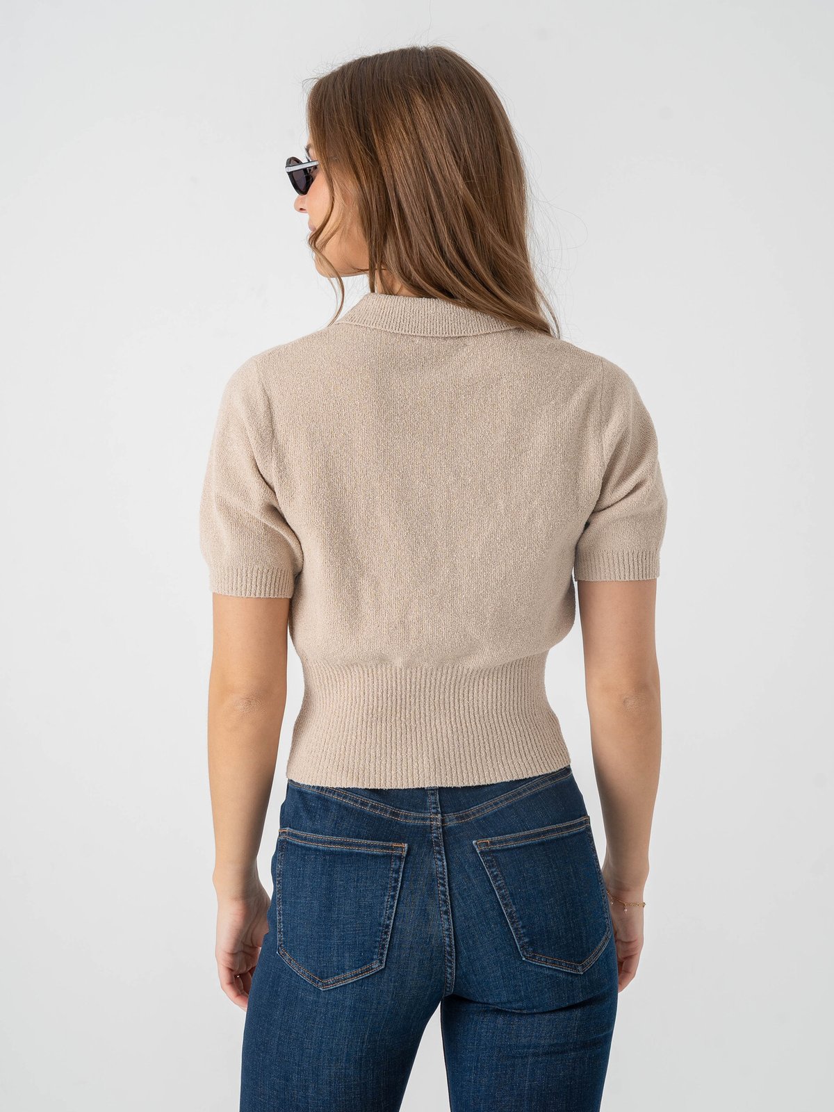 Topshop Kylie Short Sleeve Cinch Waist Polo Pullover Oatmeal