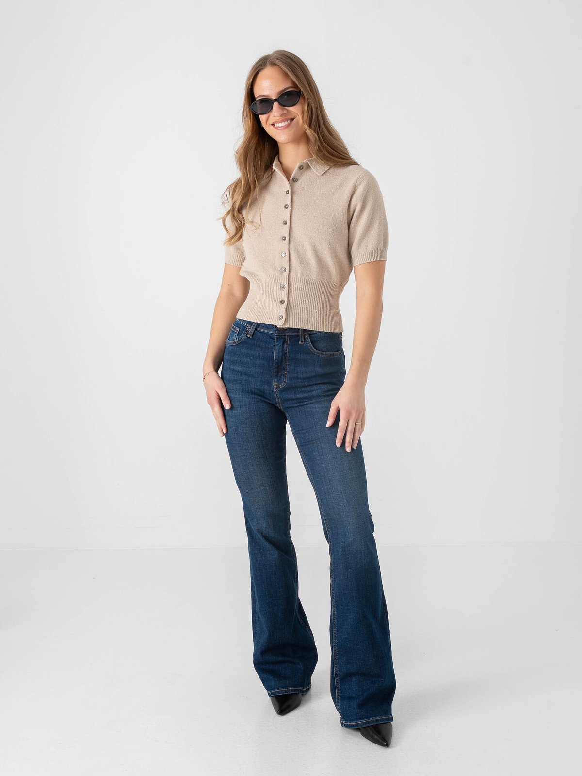 Topshop Kylie Short Sleeve Cinch Waist Polo Pullover Oatmeal