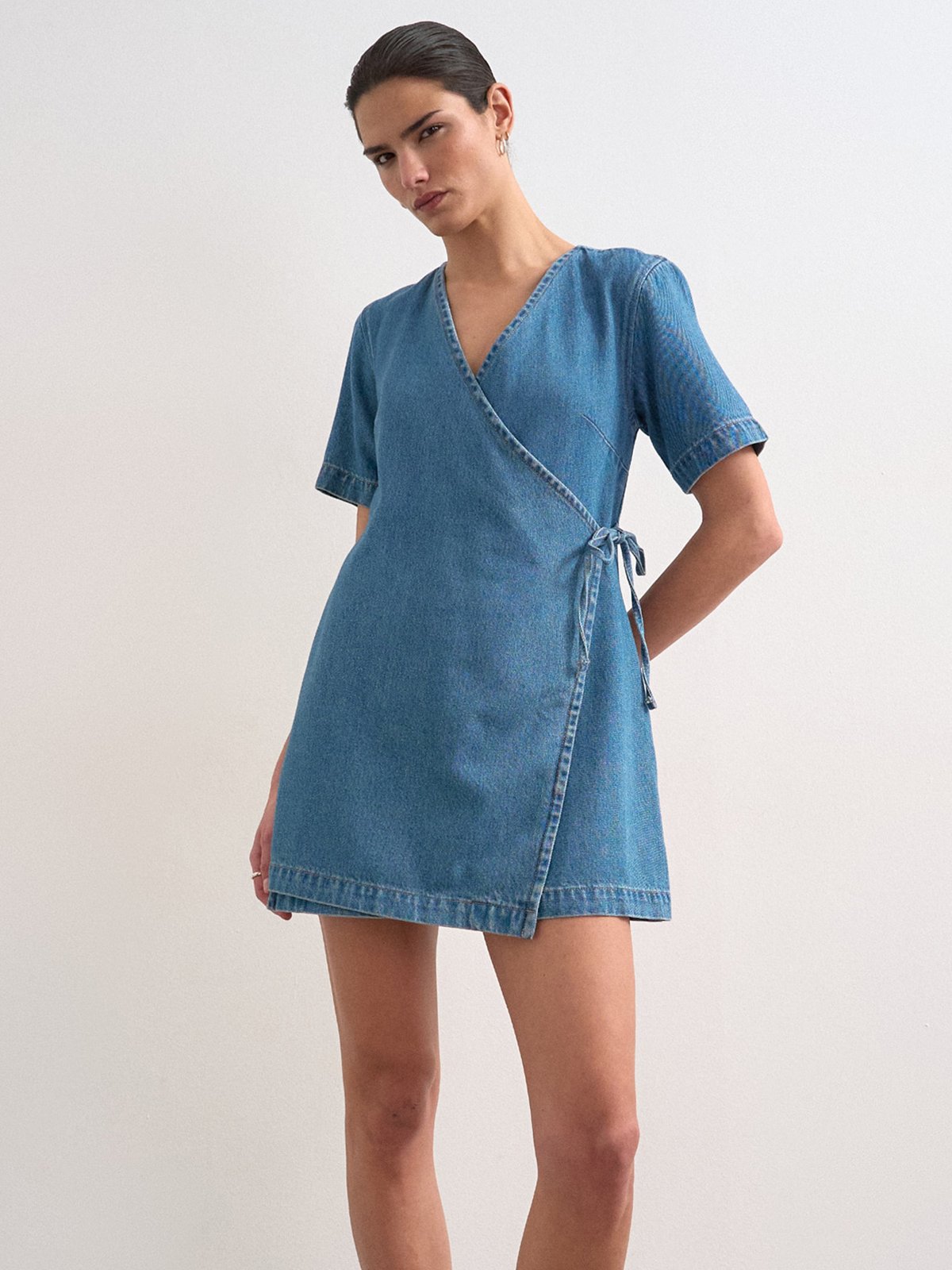 Topshop Sophie Short Sleeve Mini Denim Wrap Dress Medium Blue Denim