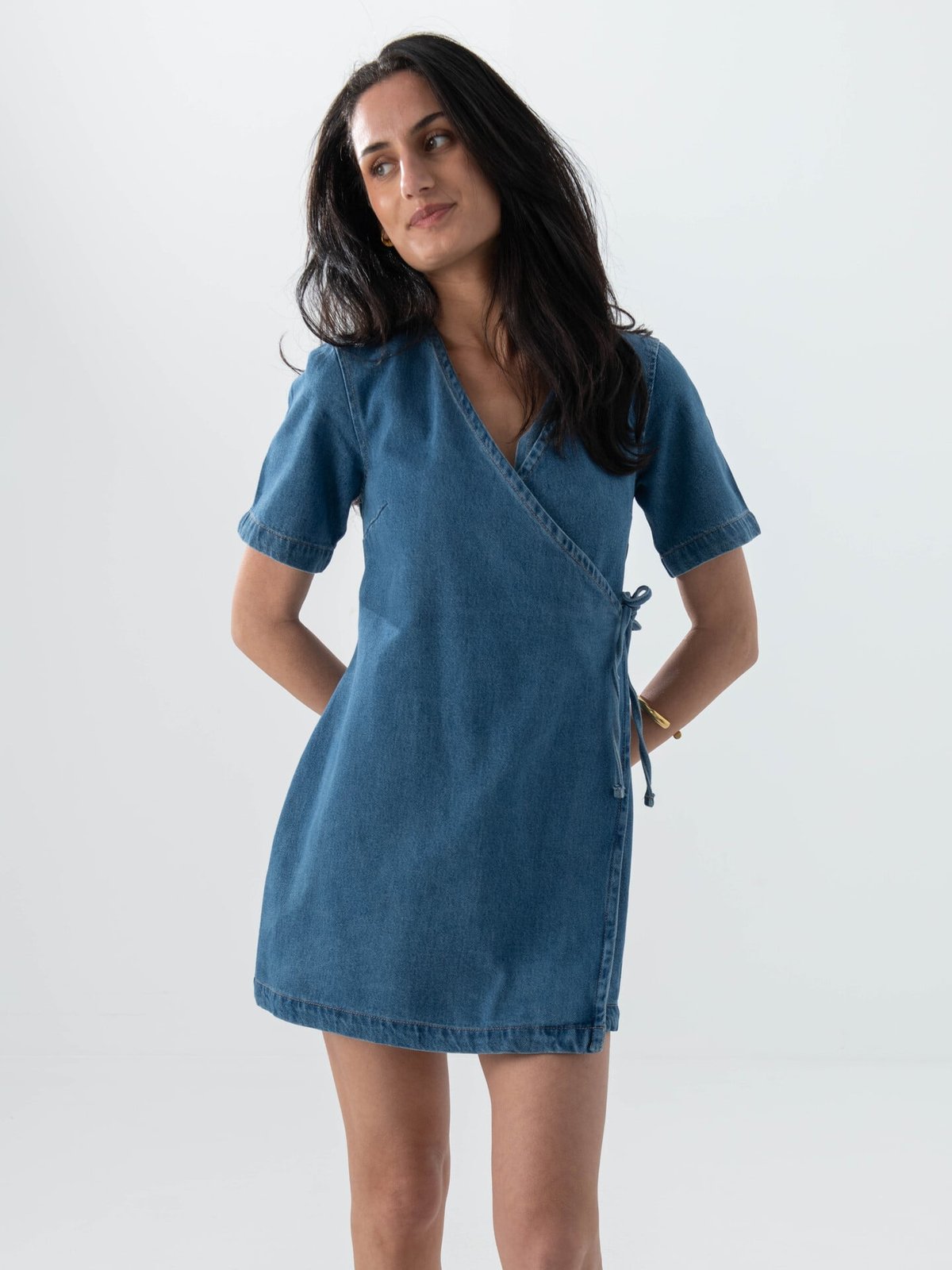 Topshop Sophie Short Sleeve Mini Denim Wrap Dress Medium Blue Denim