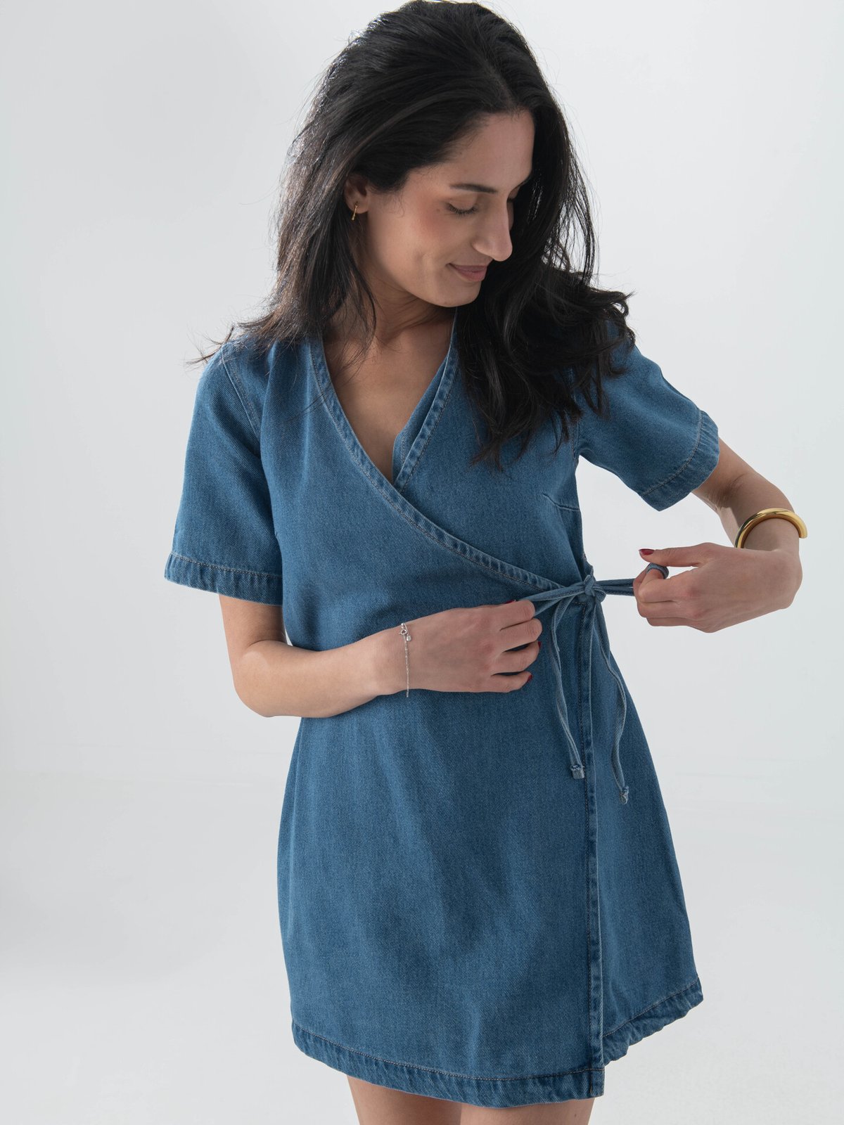 Topshop Sophie Short Sleeve Mini Denim Wrap Dress Medium Blue Denim