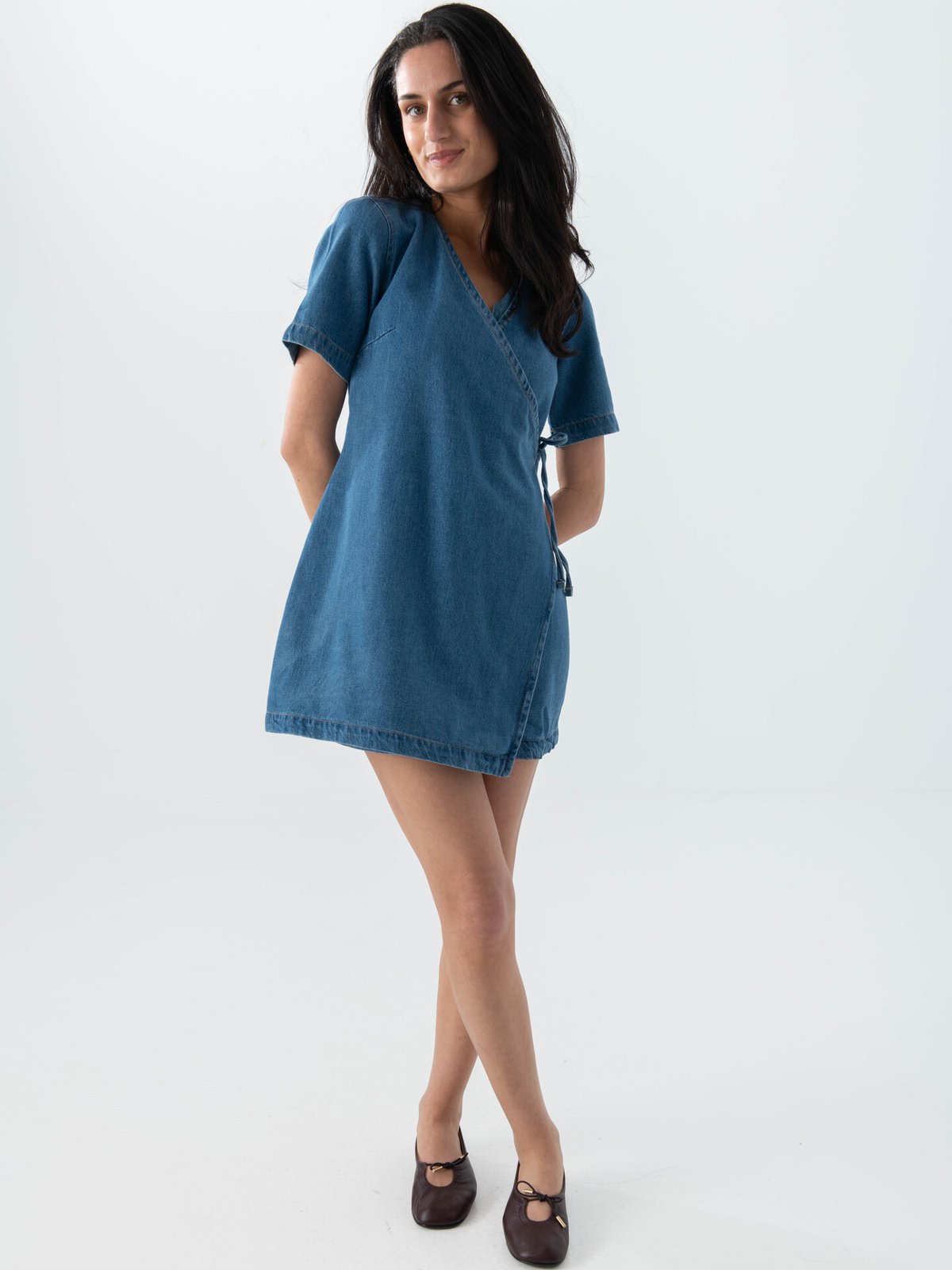 Topshop Sophie Short Sleeve Mini Denim Wrap Dress Medium Blue Denim