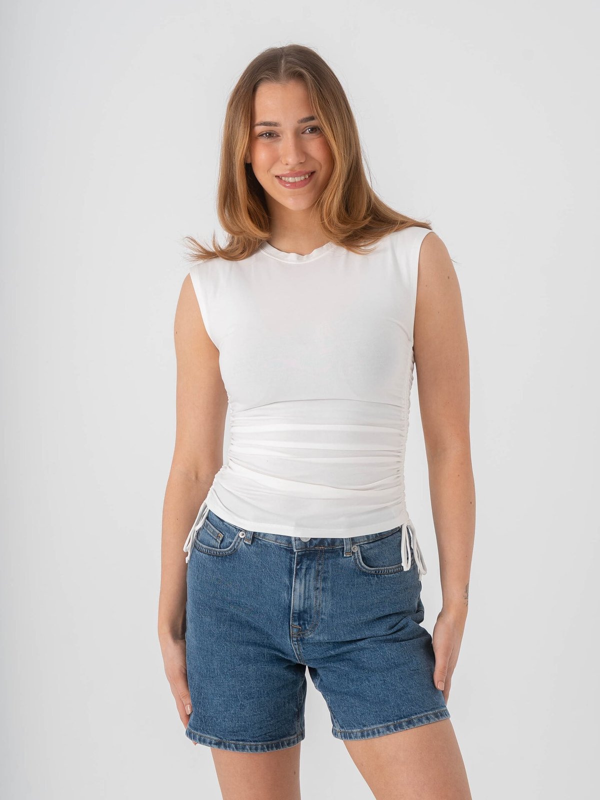 Topshop Guri Short Sleeve Ruched Tank Vest Pearled Ivory