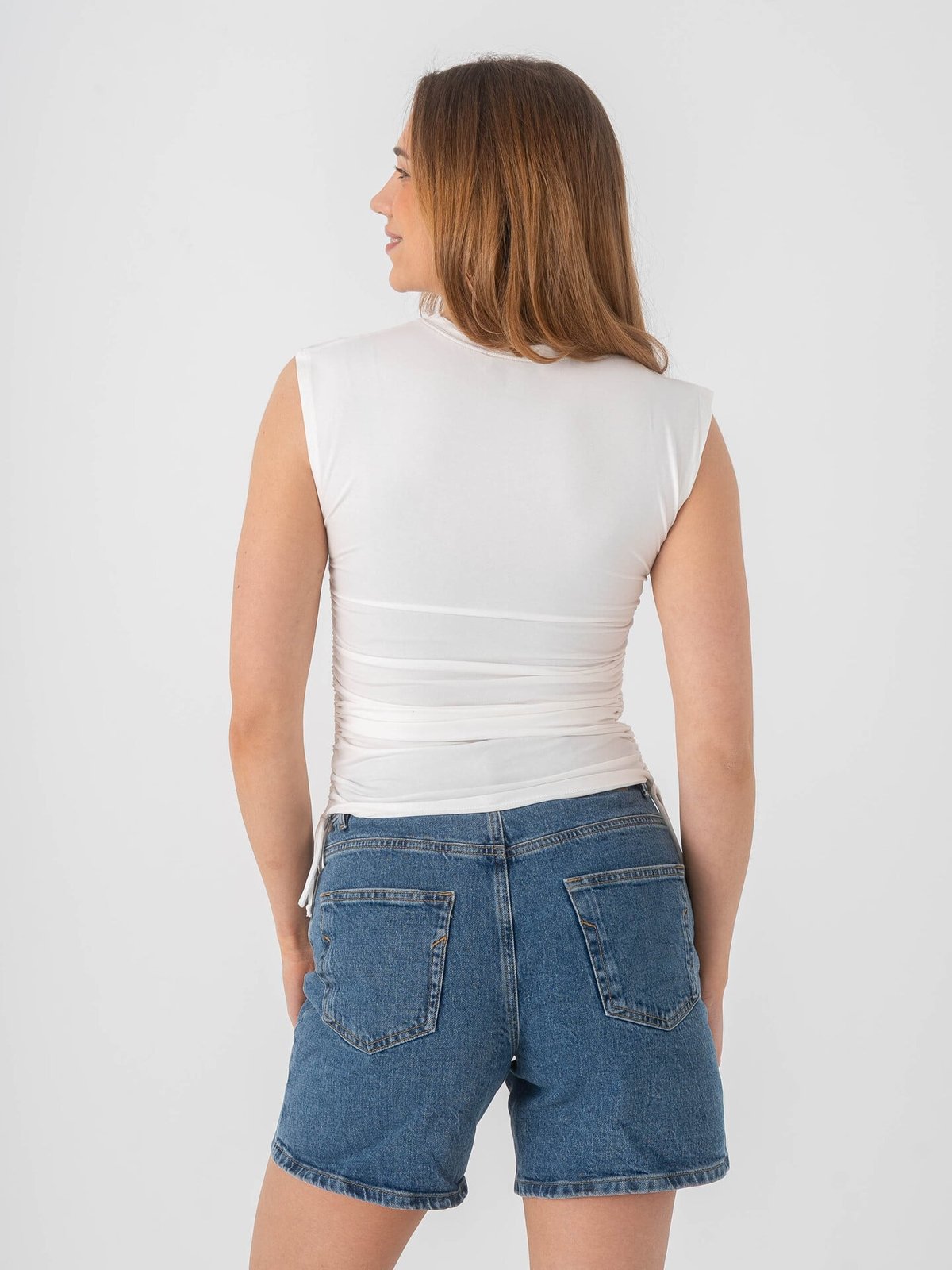 Topshop Guri Short Sleeve Ruched Tank Vest Pearled Ivory