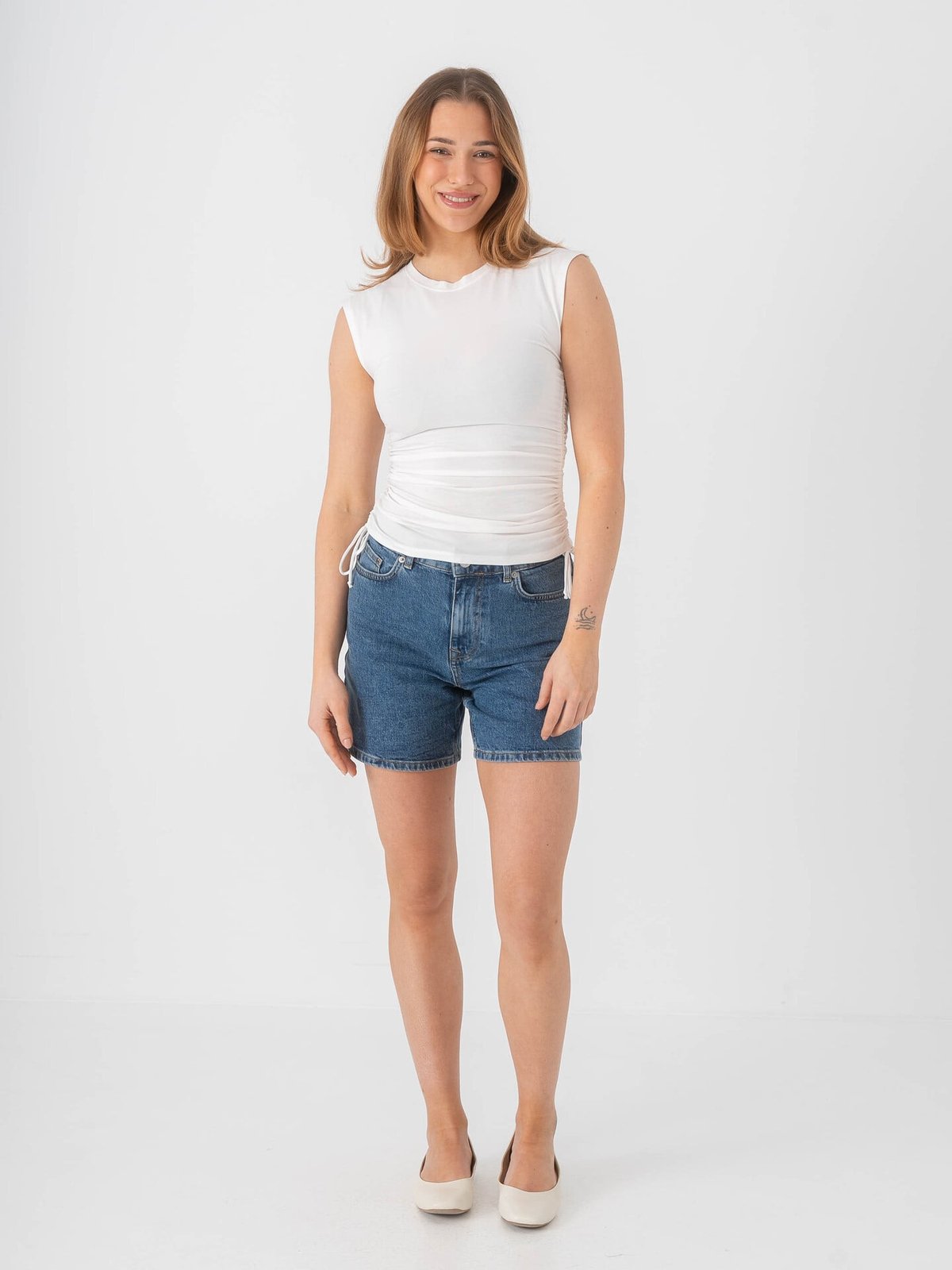 Topshop Guri Short Sleeve Ruched Tank Vest Pearled Ivory