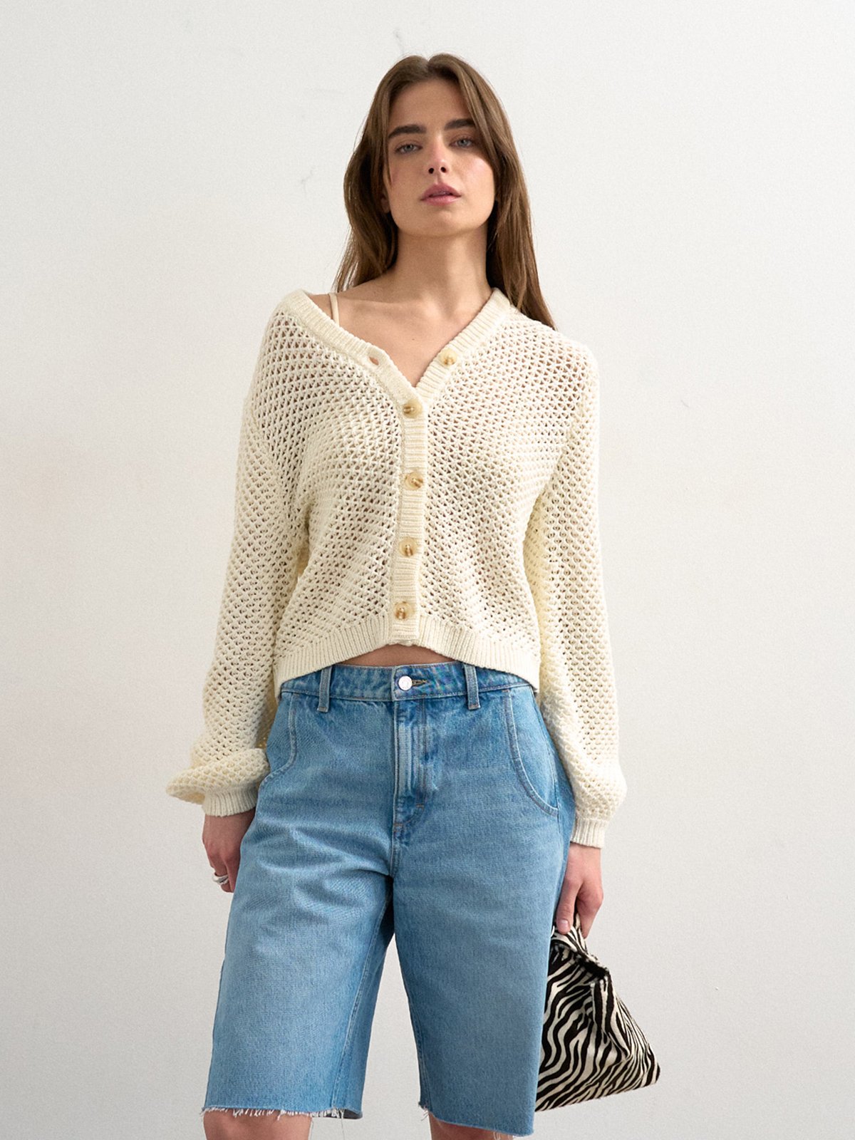 Topshop Emelie Long Sleeve Open Stitch Cardigan Pearled Ivory