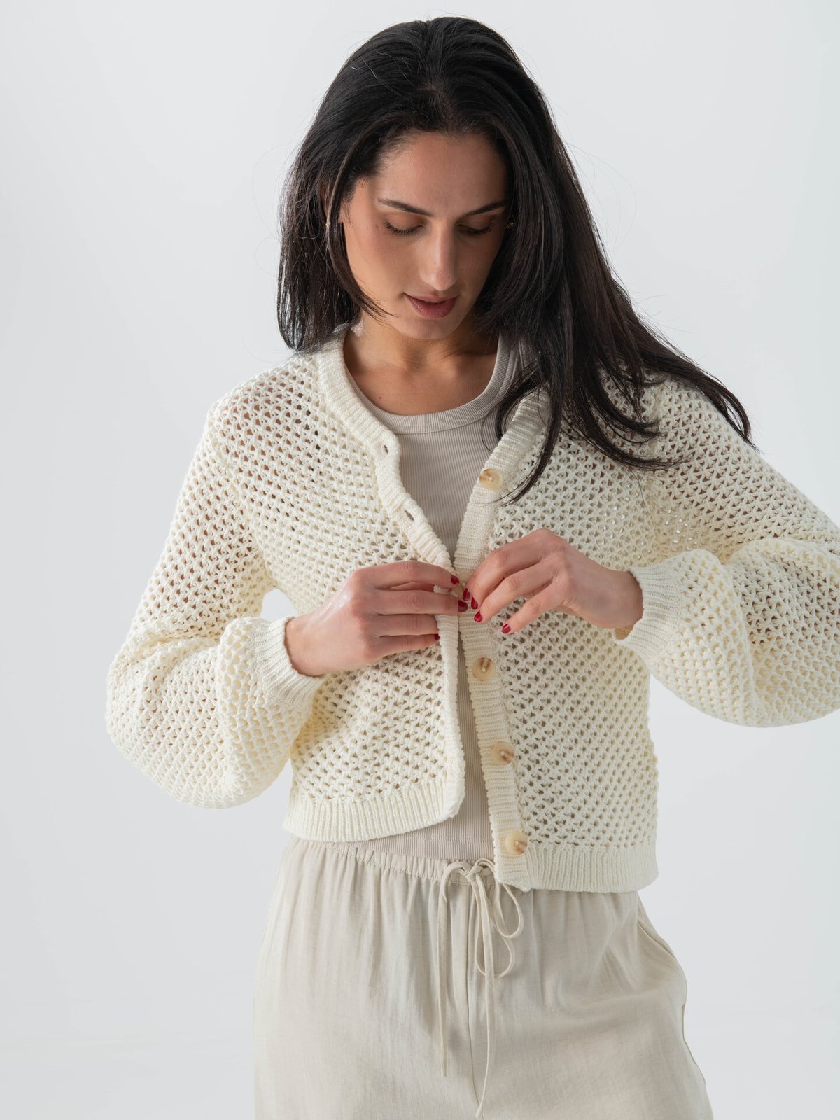 Topshop Emelie Long Sleeve Open Stitch Cardigan Pearled Ivory