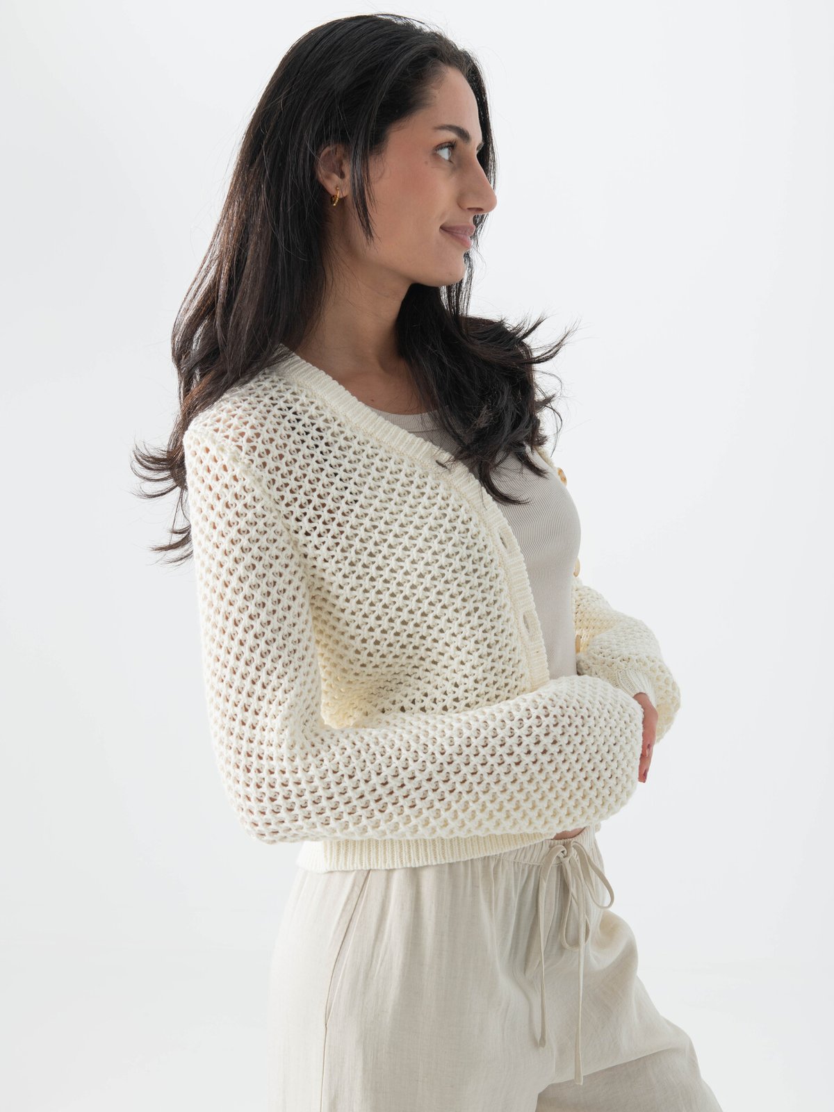 Topshop Emelie Long Sleeve Open Stitch Cardigan Pearled Ivory