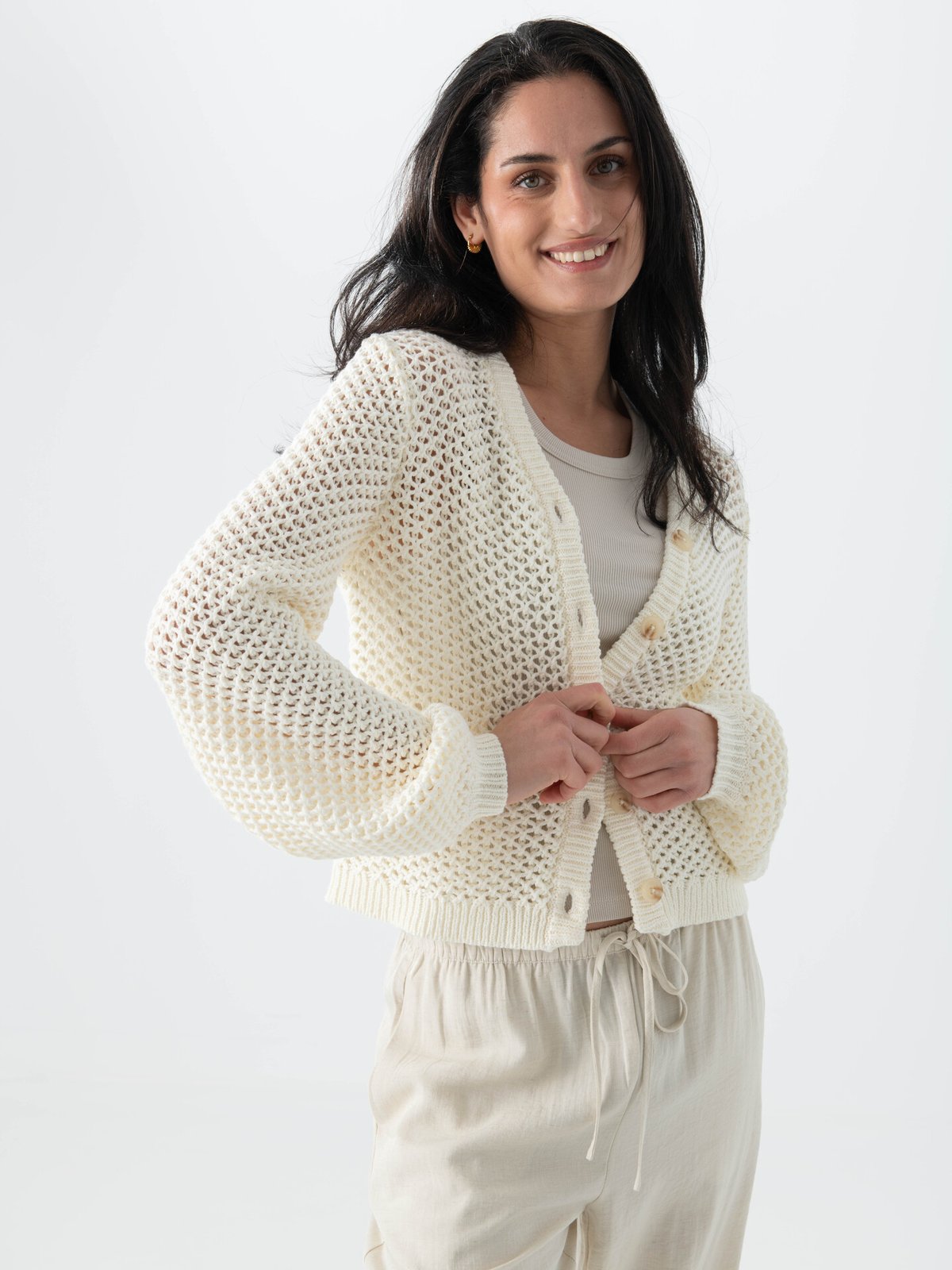 Topshop Emelie Long Sleeve Open Stitch Cardigan Pearled Ivory