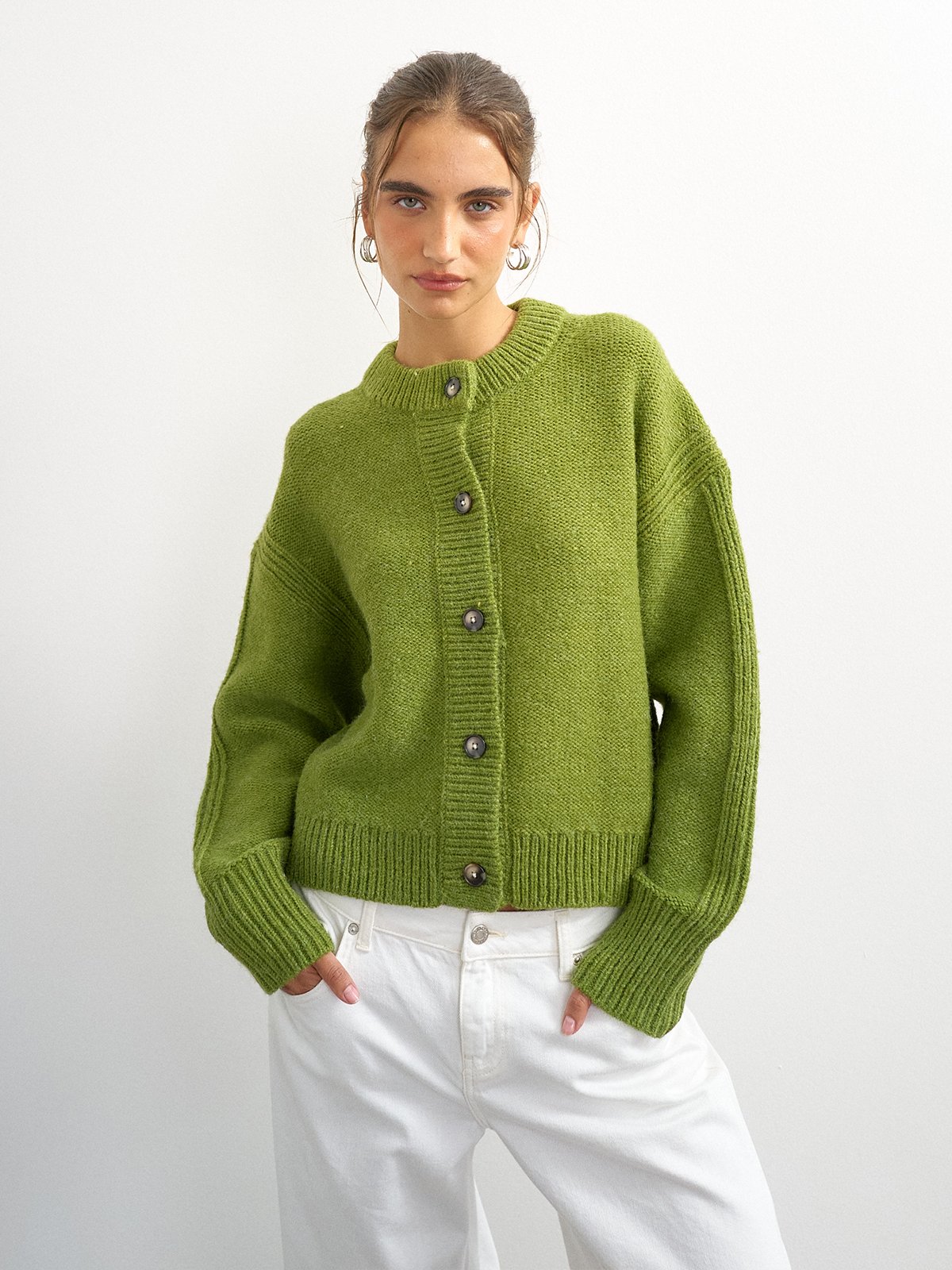 Topshop Flora Knitted Boxy Rib Cardigan Green Bee