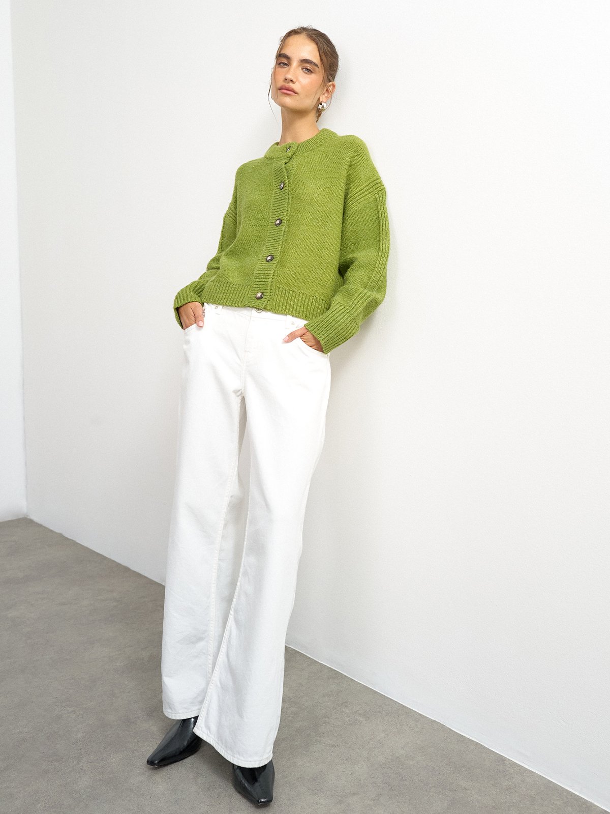 Topshop Flora Knitted Boxy Rib Cardigan Green Bee
