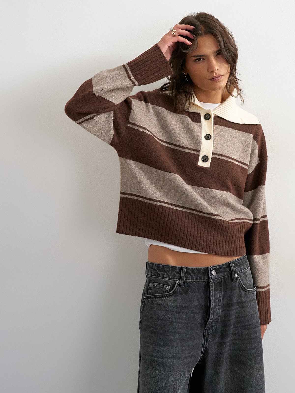 Topshop Cami Knitted Rugby Polo Chocolate Brown