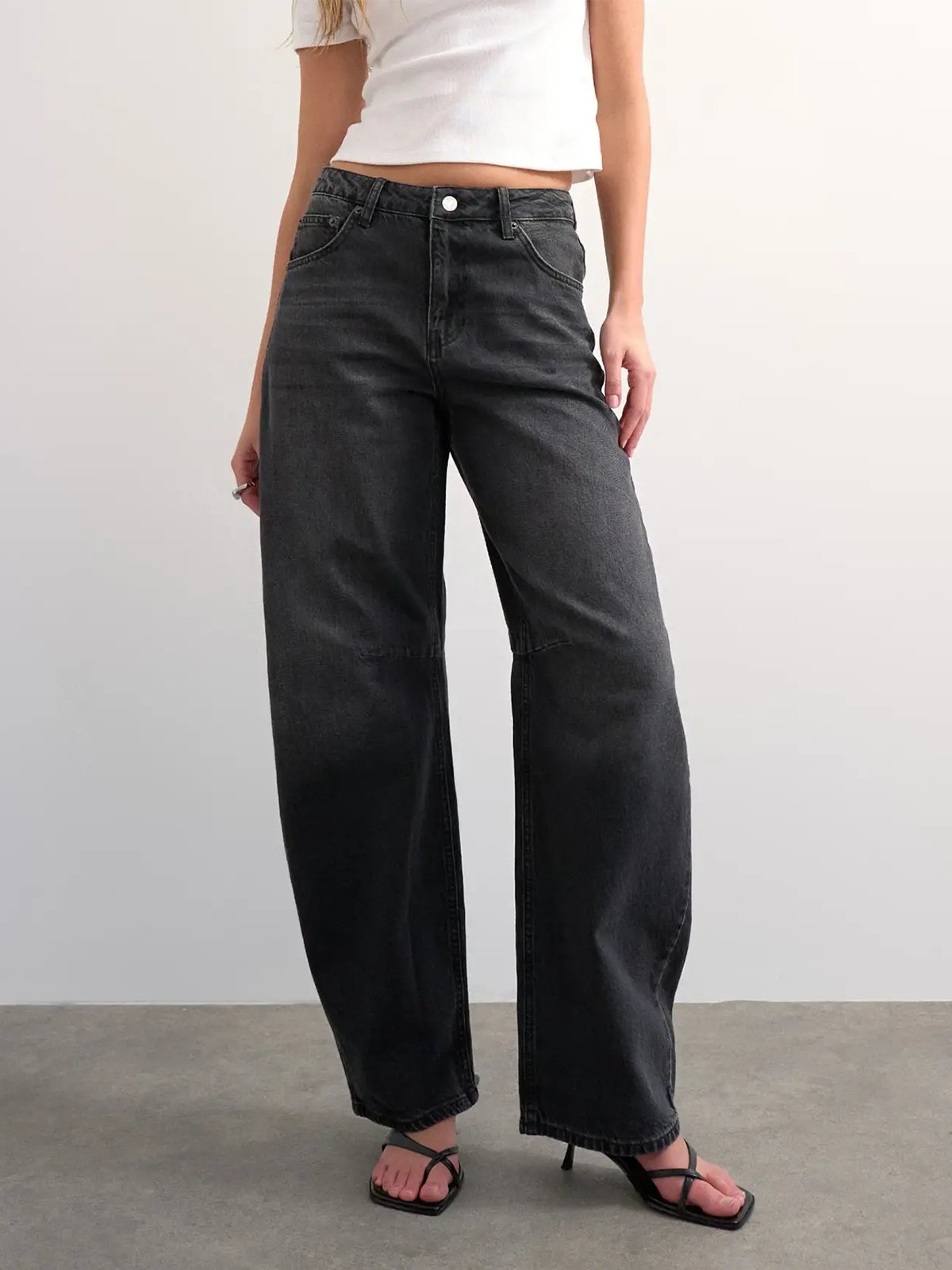 Topshop Barrel High Rise Denim Jeans Black Denim Washed