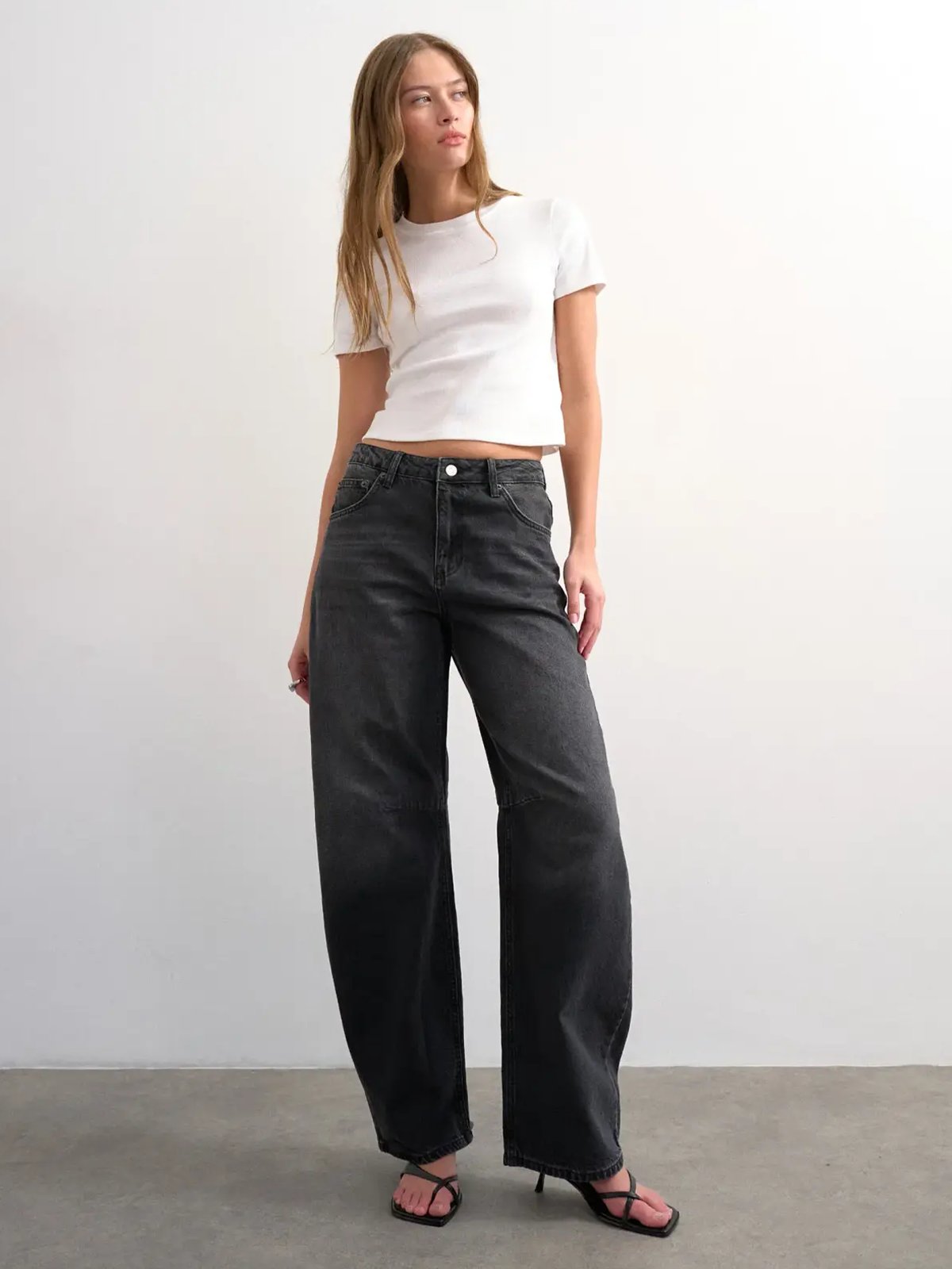 Topshop Barrel High Rise Denim Jeans Black Denim Washed