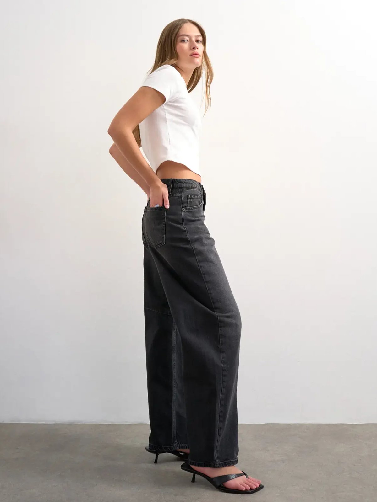 Topshop Barrel High Rise Denim Jeans Black Denim Washed