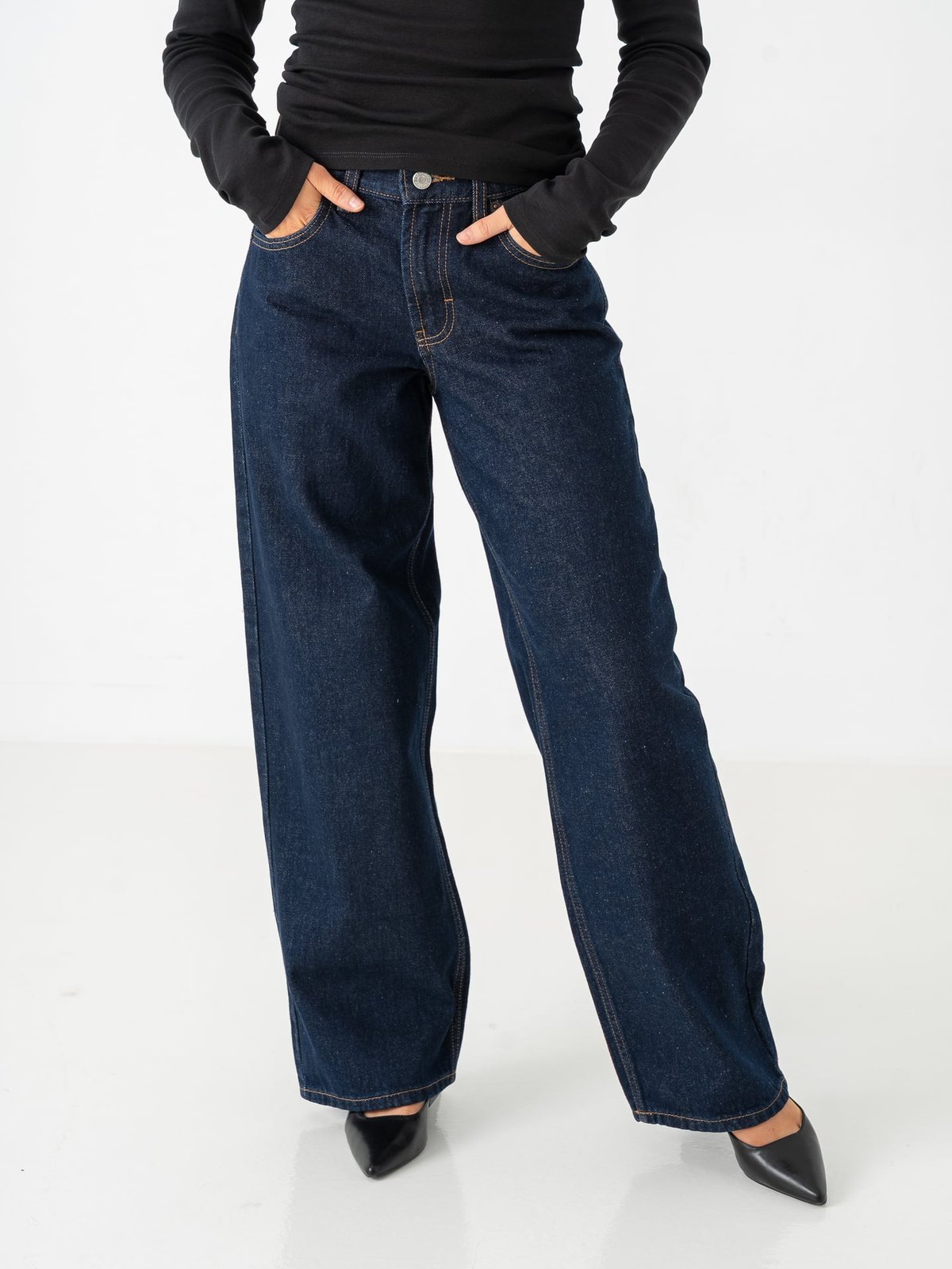 Topshop Cinch Low Rise Wide Denim Jeans Dark Blue Denim