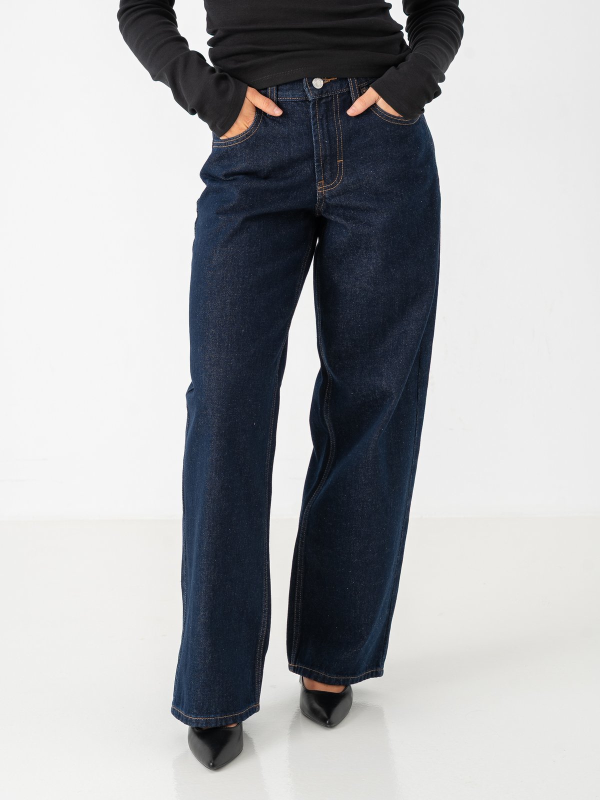 Topshop Cinch Low Rise Wide Denim Jeans Dark Blue Denim