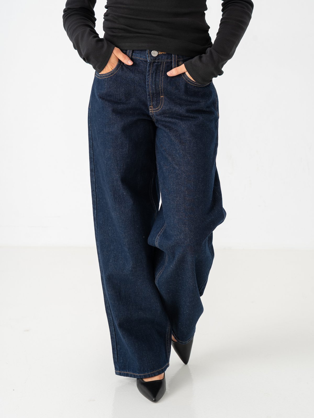 Topshop Cinch Low Rise Wide Denim Jeans Dark Blue Denim