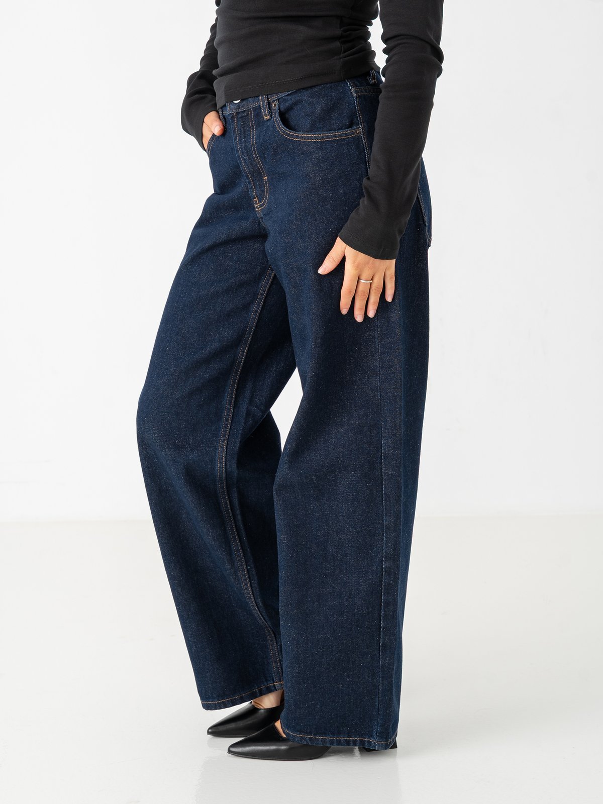 Topshop Cinch Low Rise Wide Denim Jeans Dark Blue Denim
