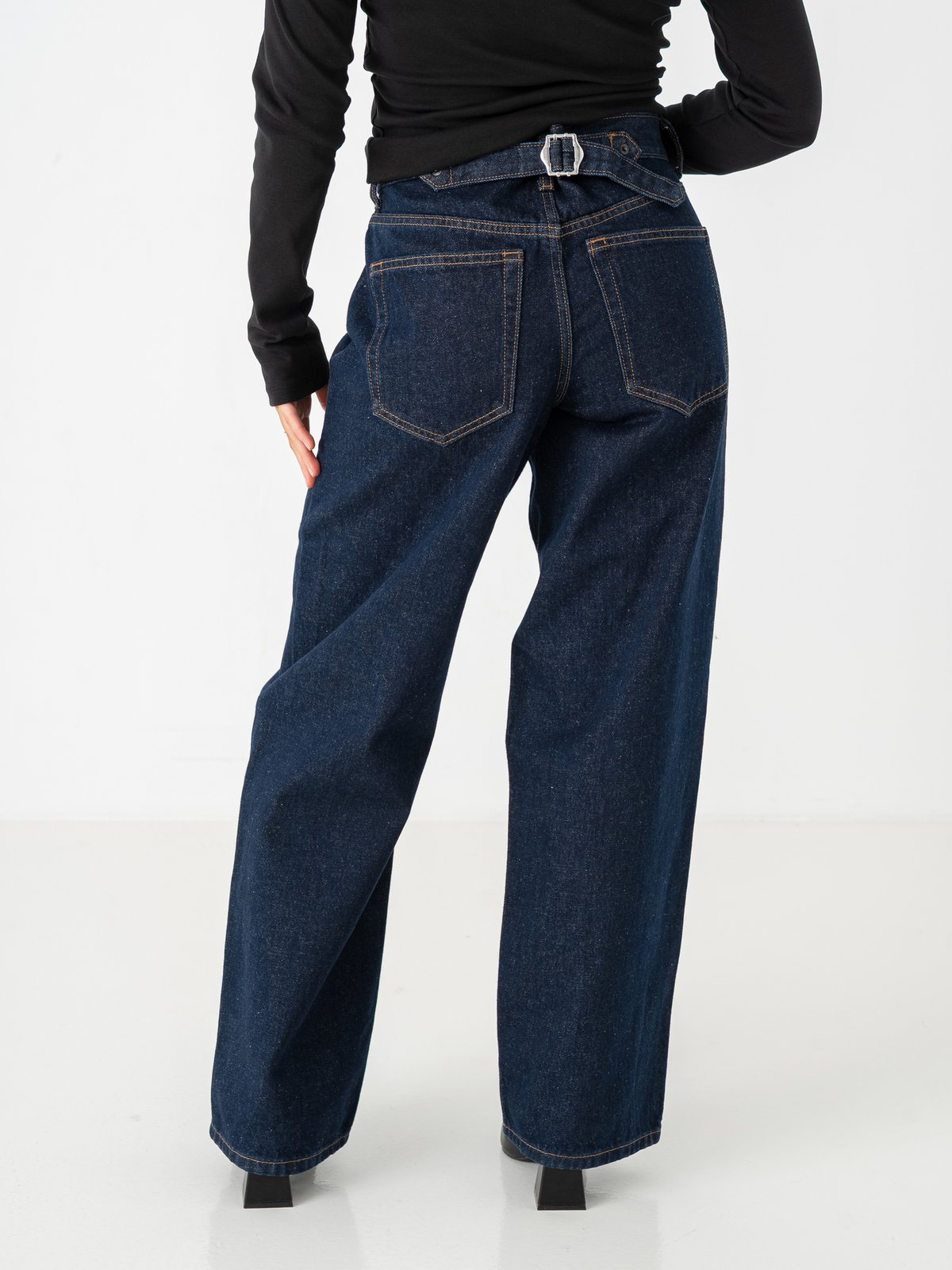 Topshop Cinch Low Rise Wide Denim Jeans Dark Blue Denim