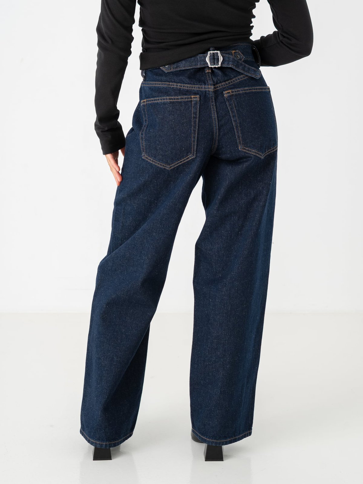Topshop Cinch Low Rise Wide Denim Jeans Dark Blue Denim