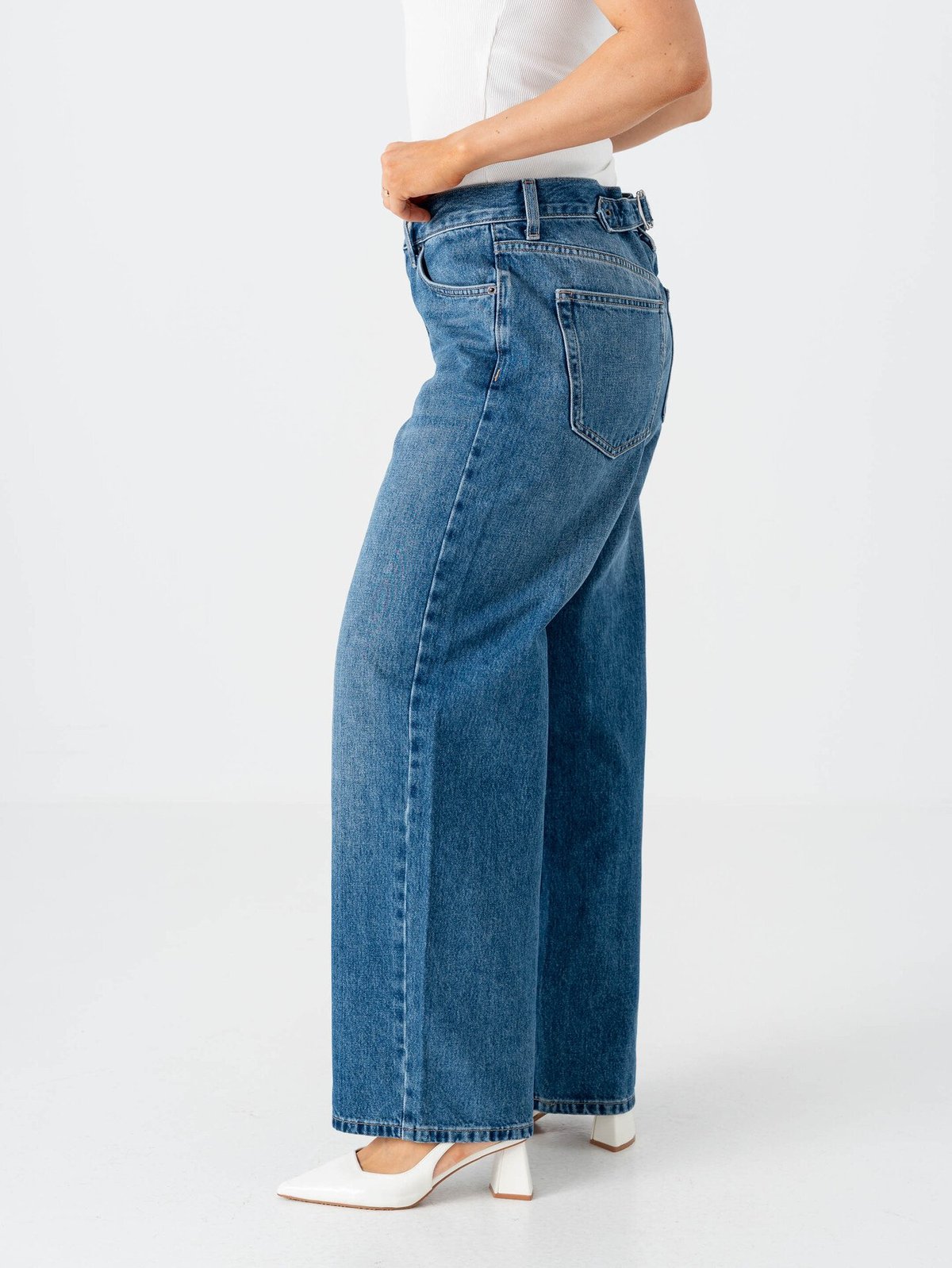 Topshop Cinch Low Rise Wide Denim Jeans Medium Blue Denim