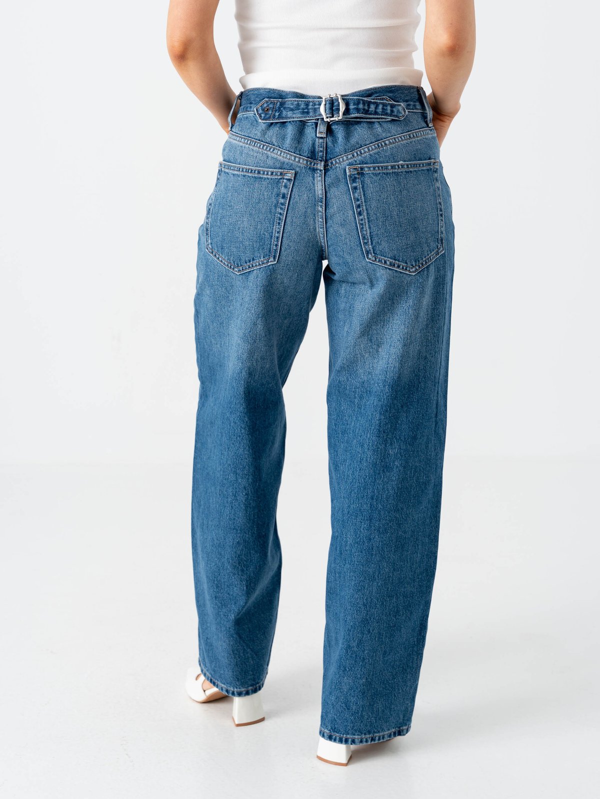 Topshop Cinch Low Rise Wide Denim Jeans Medium Blue Denim