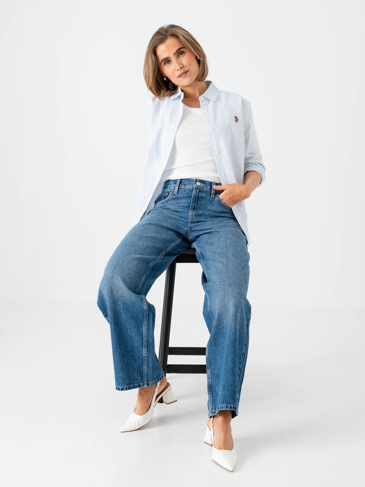 Topshop Cinch Low Rise Wide Denim Jeans Medium Blue Denim