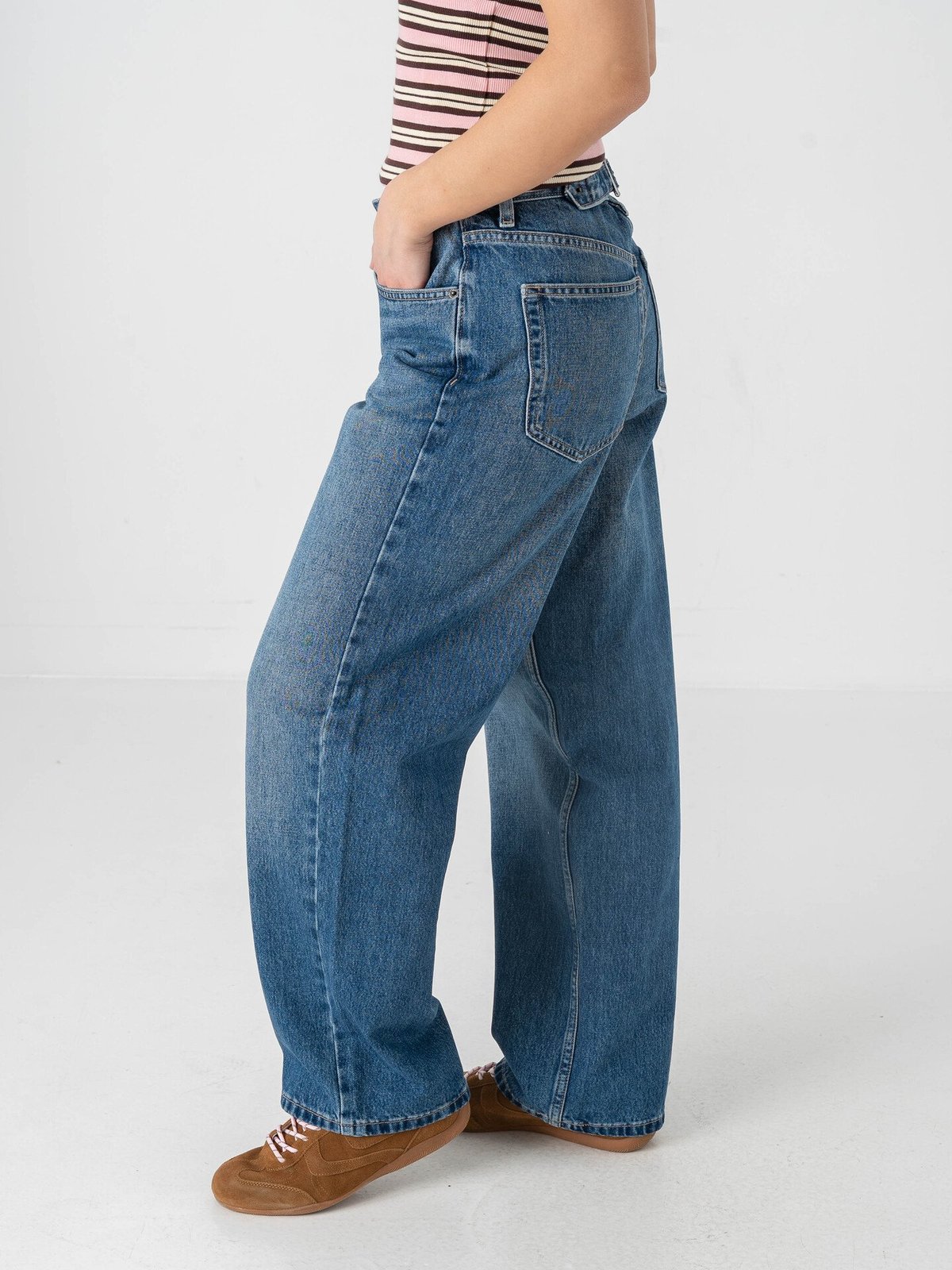 Topshop Cinch Low Rise Wide Denim Jeans Medium Blue Denim