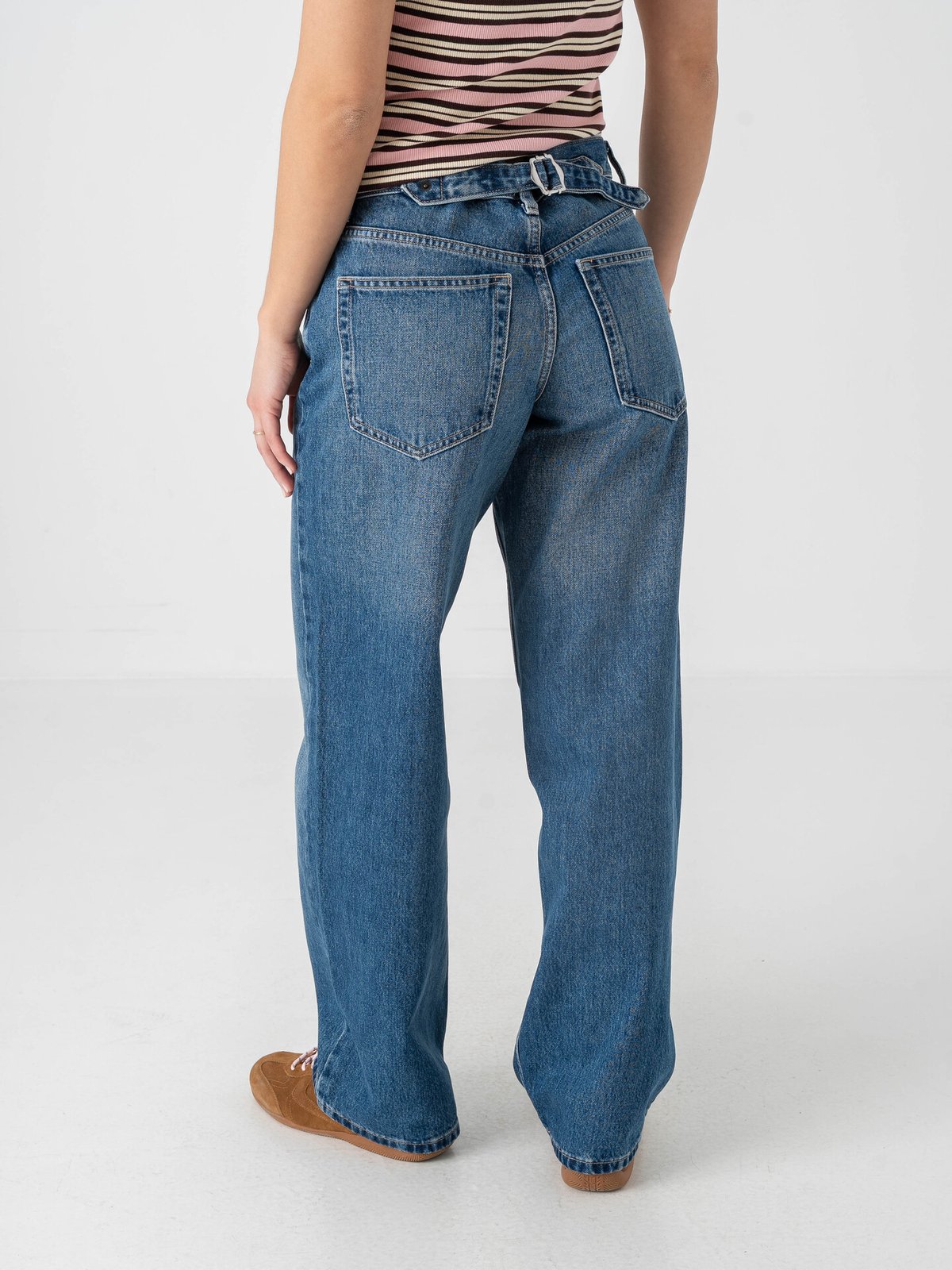 Topshop Cinch Low Rise Wide Denim Jeans Medium Blue Denim