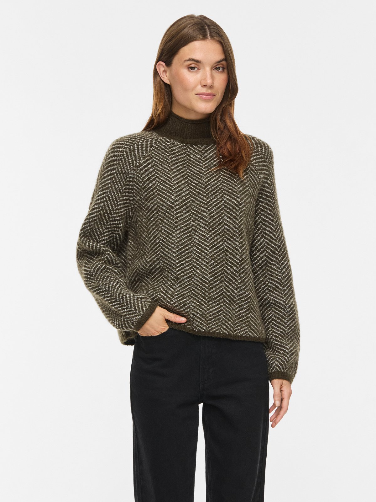 Vila Lory High Neck Long Sleeve Knit Top Forest Night / Eggnog Melange