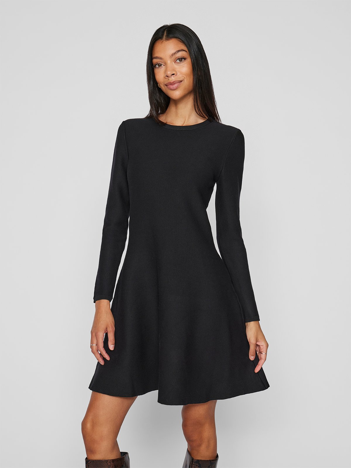Vila Sway Long Sleeve O-Neck Skater Knit Dress Black Beauty