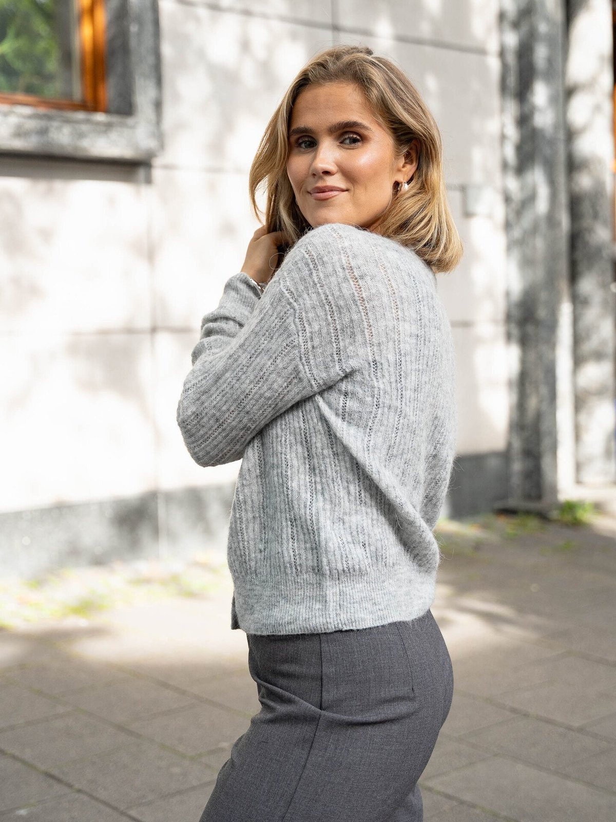 Vila Pretty O-Neck Pointelle Cardigan Light Grey Melange