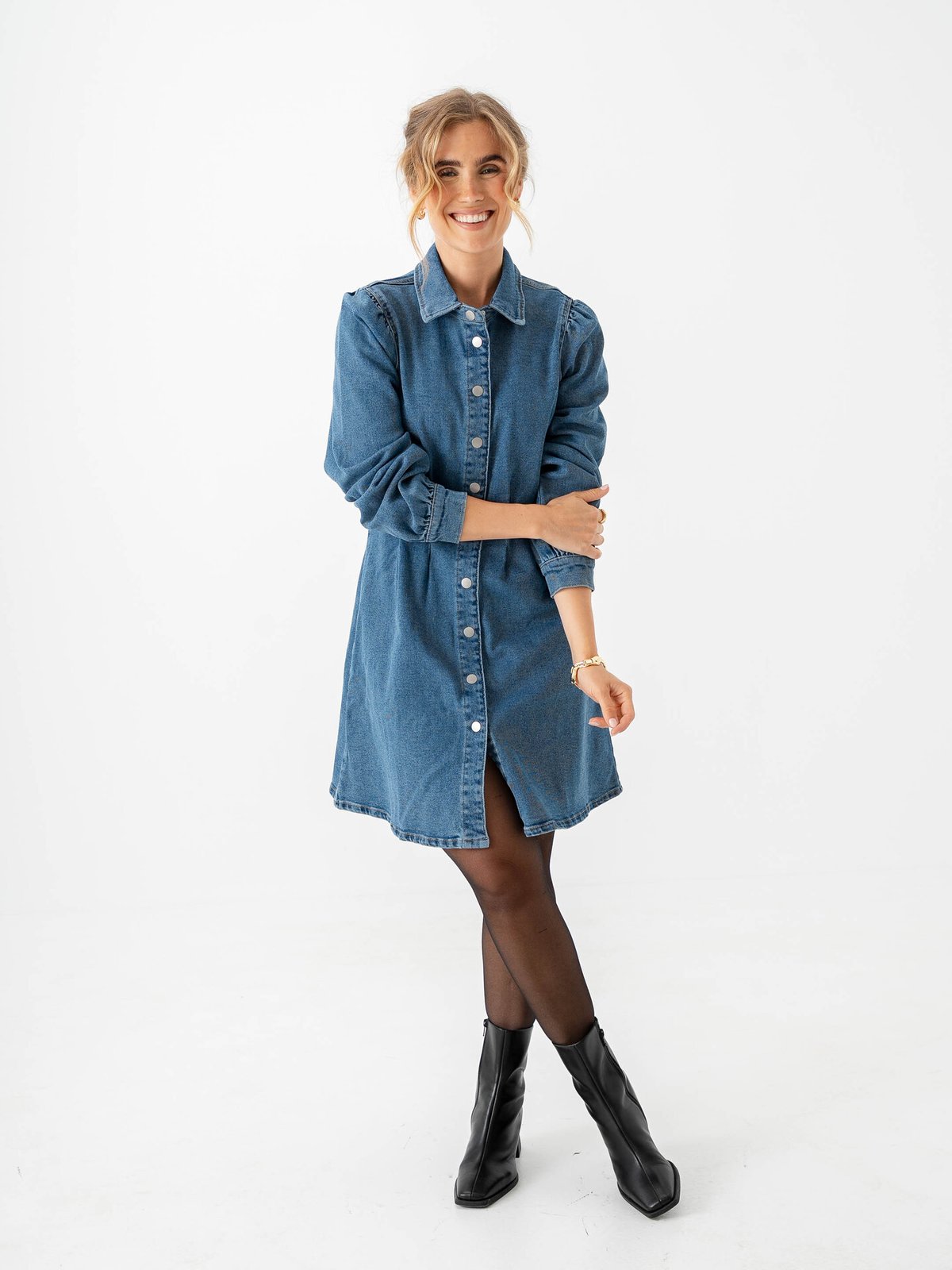 Vila Sol Long Sleeve Pleat Denim Dress Medium Blue Denim