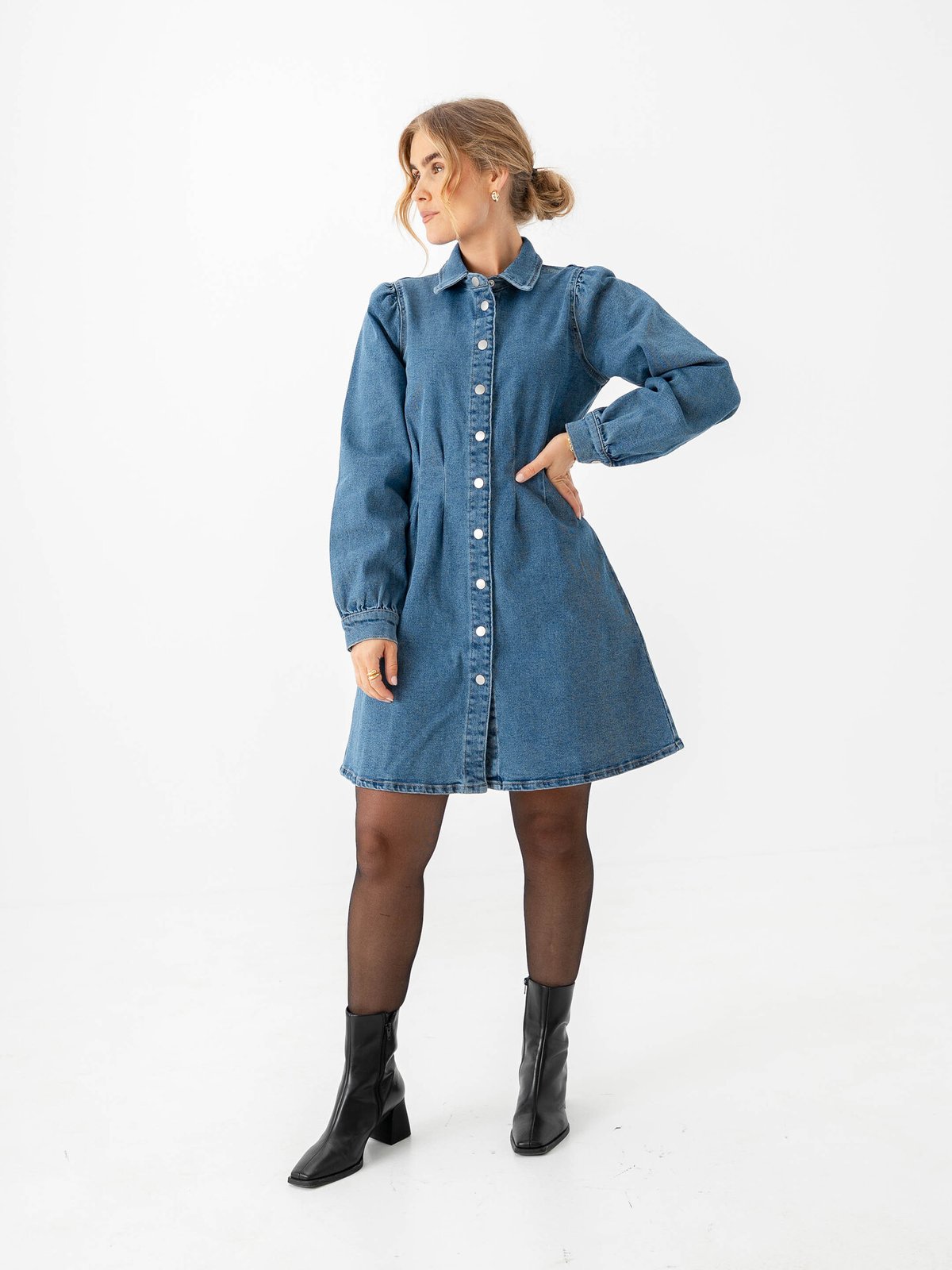 Vila Sol Long Sleeve Pleat Denim Dress Medium Blue Denim