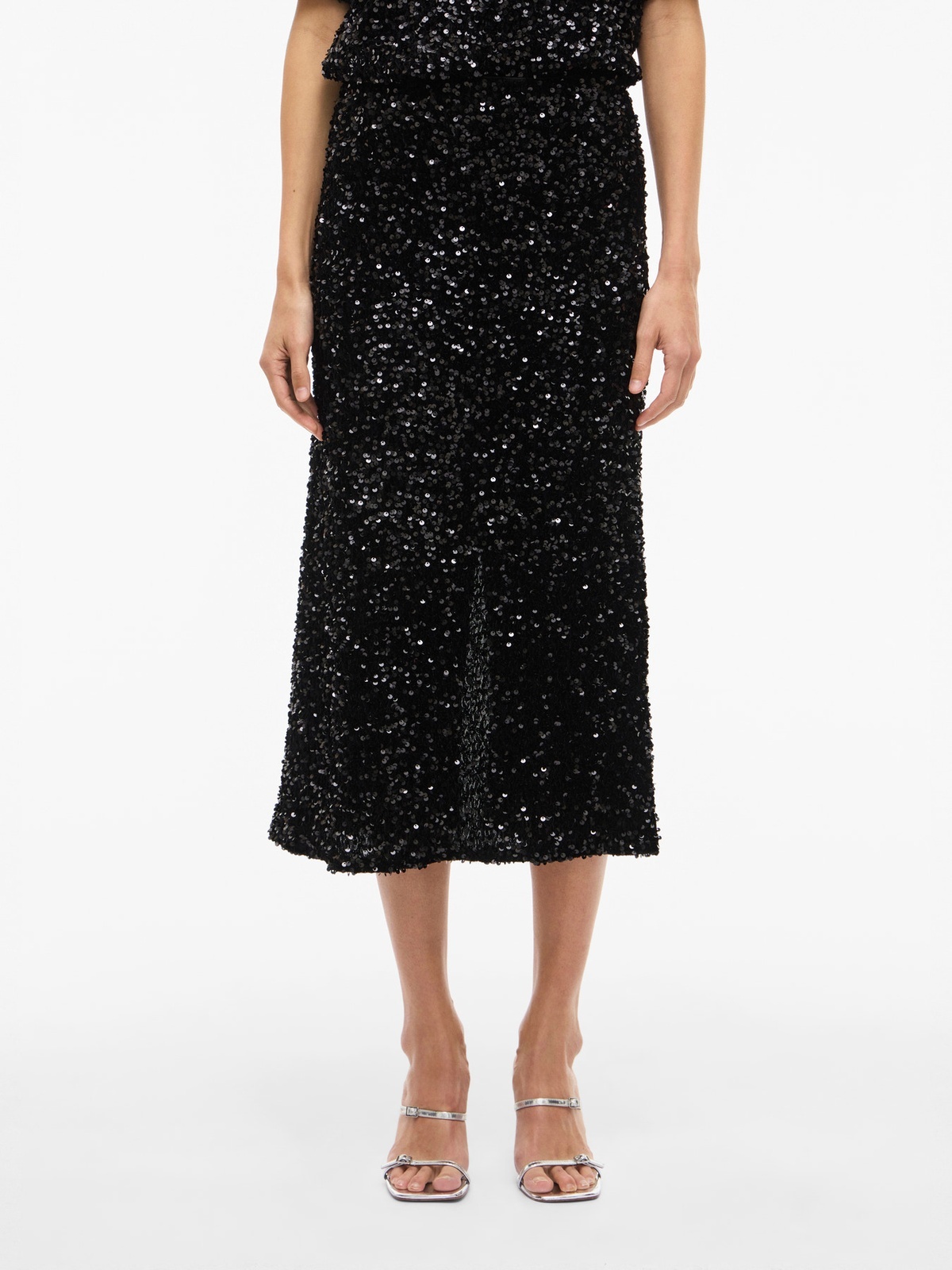 Vila Faith High Waist Midi Sequin Skirt Black Beauty