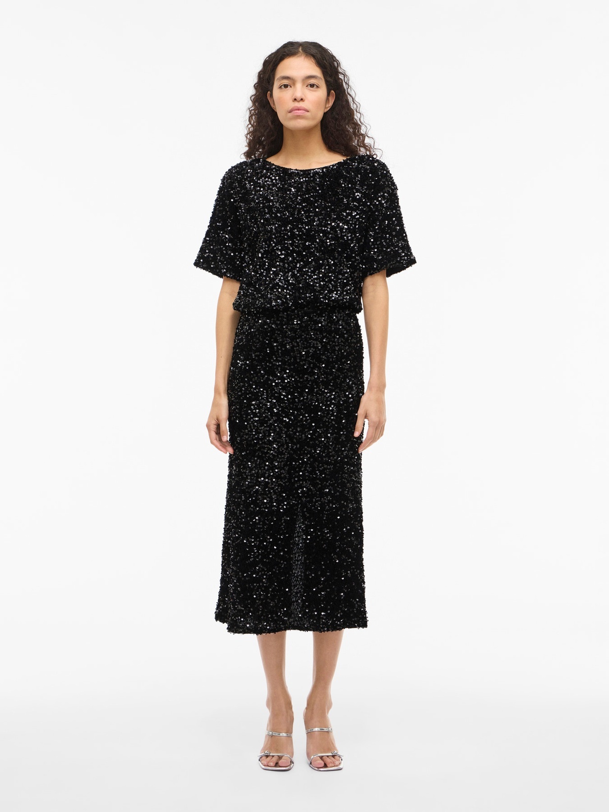 Vila Faith High Waist Midi Sequin Skirt Black Beauty